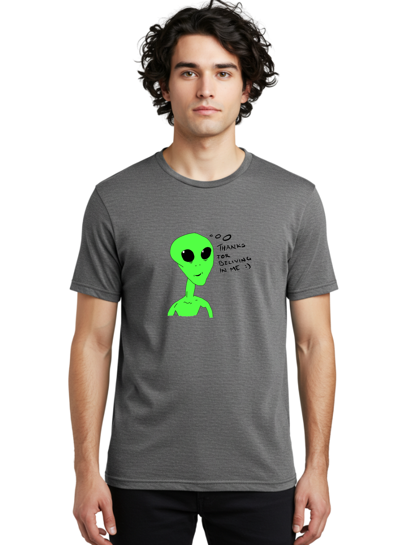 Alien-Thanks-For-Beliving-In-Me Men'S Graphic Tee, 100% Cotton, Comfortable Casual Summer Wear, Machine Washable, Alien Cartoon Character, Extraterrestrial Life, Thought Bubble, Thanks For Believing In Me, Quirky Humor, Playful Design, - Aaa003