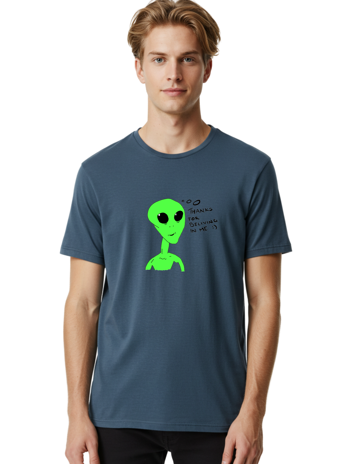 Alien-Thanks-For-Beliving-In-Me Men'S Graphic Tee, 100% Cotton, Comfortable Casual Summer Wear, Machine Washable, Alien Cartoon Character, Extraterrestrial Life, Thought Bubble, Thanks For Believing In Me, Quirky Humor, Playful Design, - Aaa003