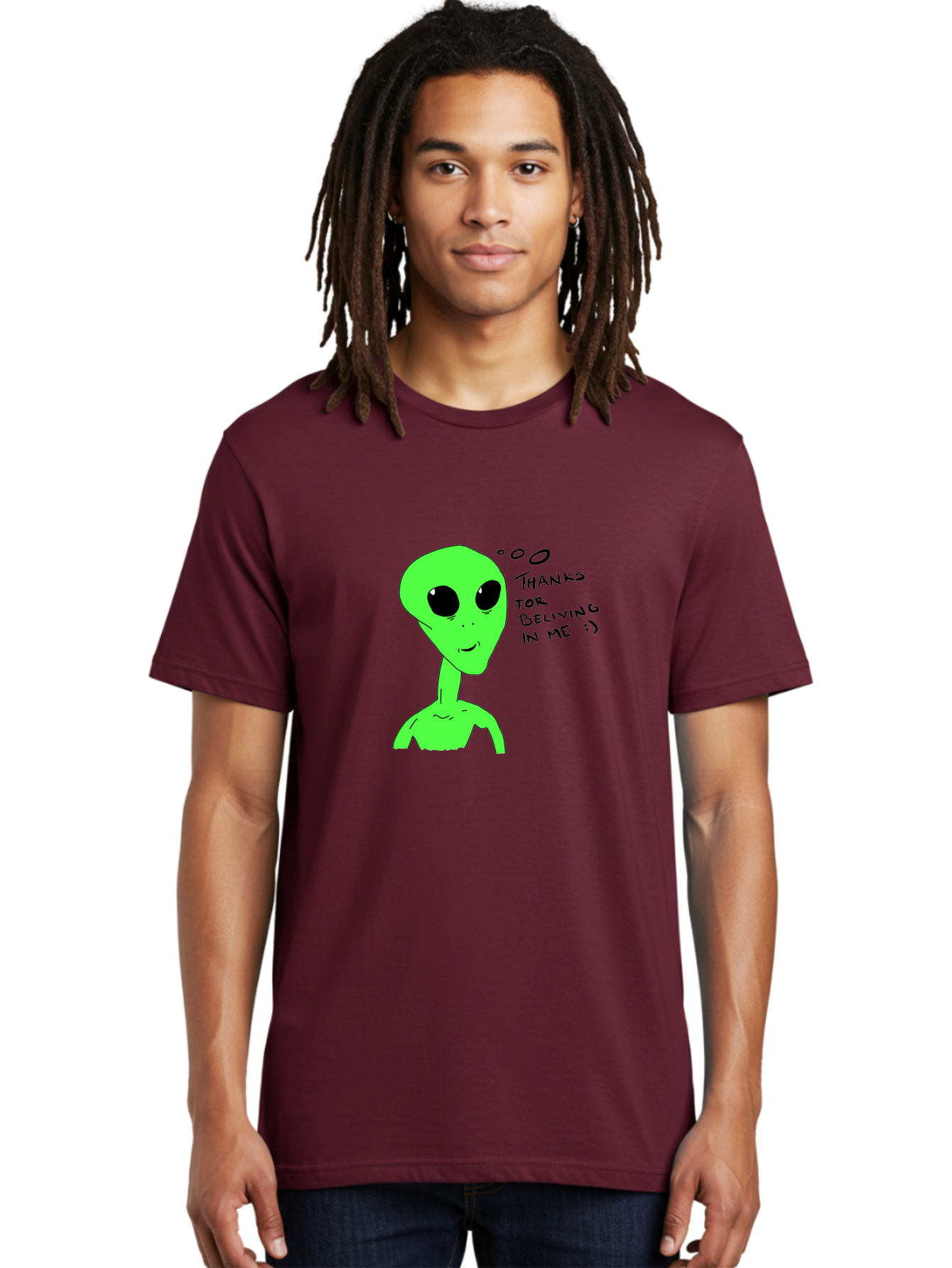 Alien-Thanks-For-Beliving-In-Me Men'S Graphic Tee, 100% Cotton, Comfortable Casual Summer Wear, Machine Washable, Alien Cartoon Character, Extraterrestrial Life, Thought Bubble, Thanks For Believing In Me, Quirky Humor, Playful Design, - Aaa003