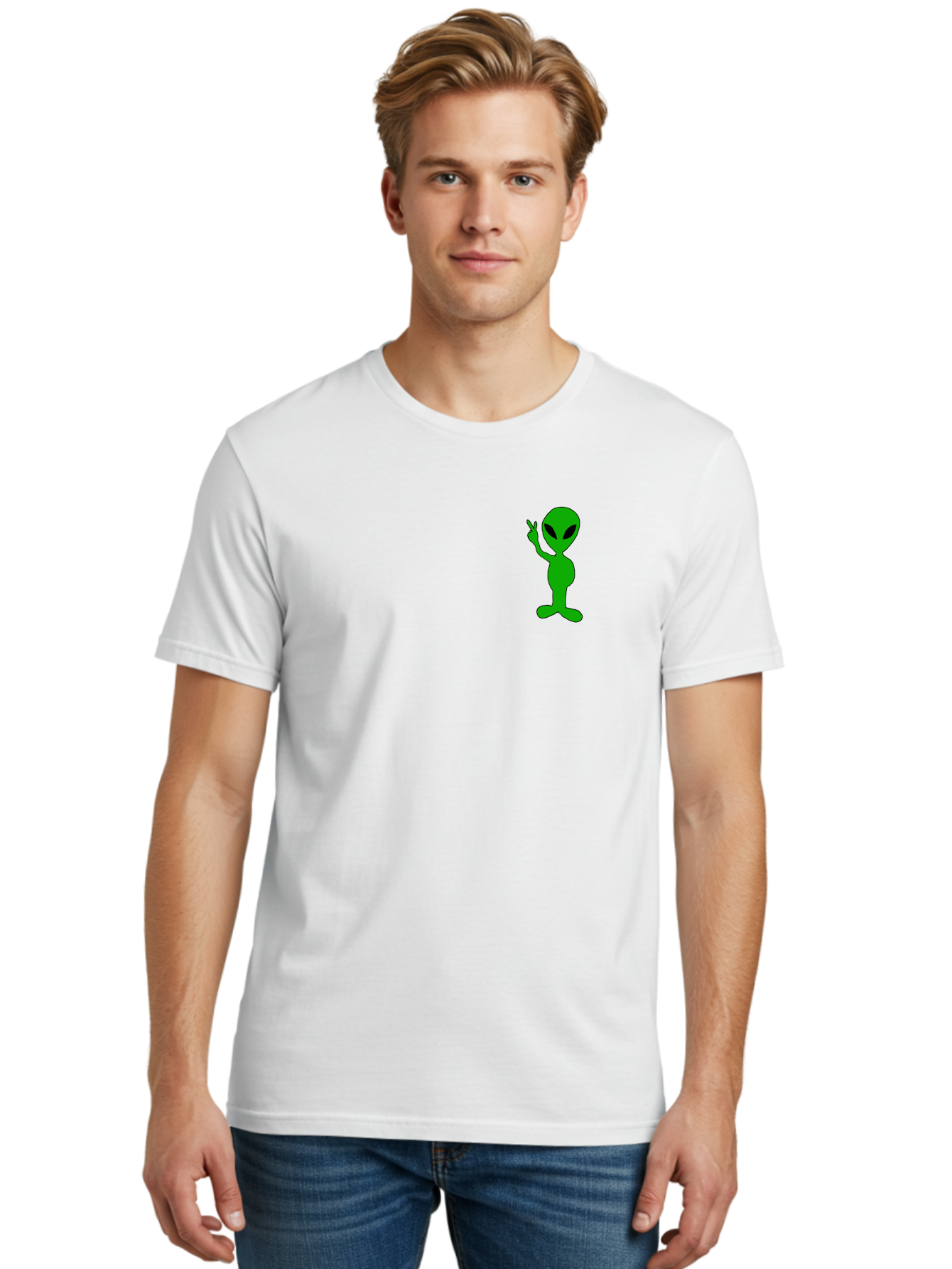Alien Men'S Graphic Tee, 100% Cotton, Comfortable Casual Summer Wear, Machine Washable, Cartoon Alien, Science Fiction Character, Extraterrestrial Being, Funny Alien, Alien Waving, Pop Culture Icon, Alien Illustration, Humorous Design, - Aaa004
