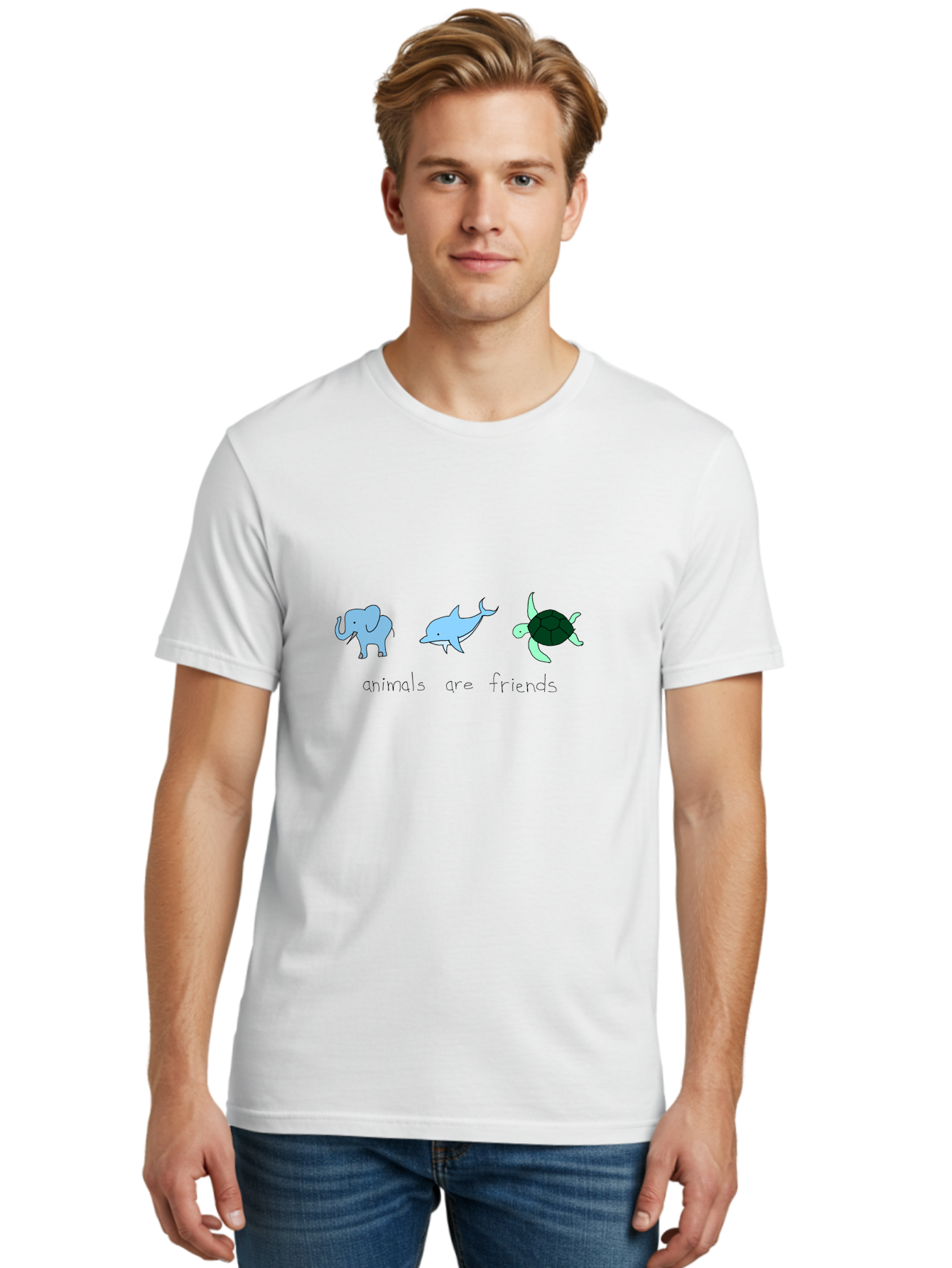 Animals-Are-Friends Men'S Graphic Tee, 100% Cotton, Comfortable Casual Summer Wear, Machine Washable, Cartoon Elephant, Dolphin, Turtle, Friendship, Animal Buddies, Wildlife Companions, Cute Illustrations, Animal Friends, - Aaa006