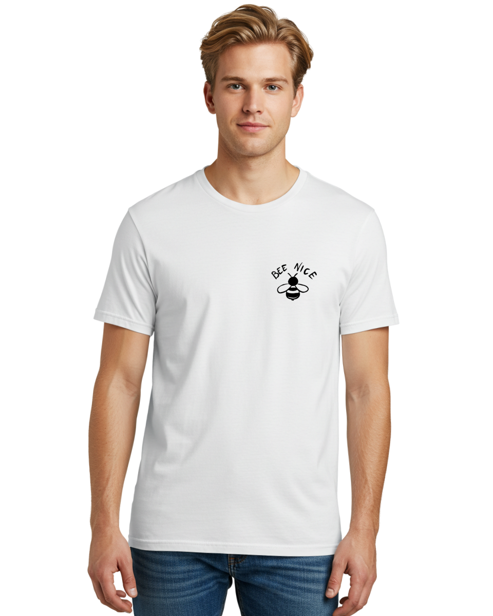 Bee-Nice Men'S Graphic Tee, 100% Cotton, Comfortable Casual Summer Wear, Machine Washable, Bee Illustration, Black And White Bee, Cute Bee, Bee Design, Honey Bee, Kindness Message, Positive Vibes, Bee Graphic, Bee Logo, Inspirational Quote - Aaa010