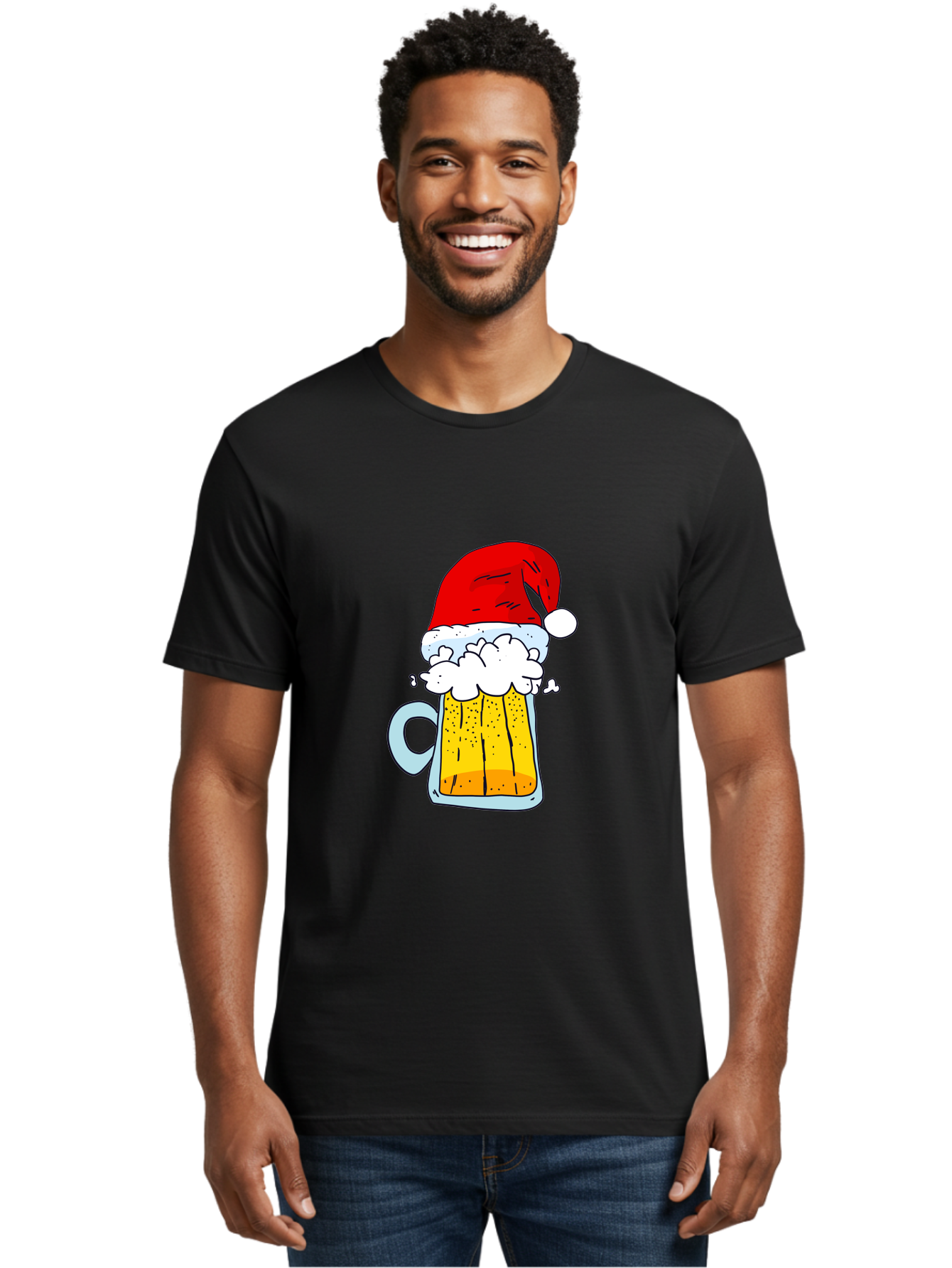 Beer-Mug-With-Santa-Hat Men'S Graphic Tee, 100% Cotton, Comfortable Casual Summer Wear, Machine Washable, Beer Mug With Santa Hat, Christmas Theme, Festive Drink, Holiday Cheer, Cartoon Style, Funny Illustration, Cold Beer, - Aaa011