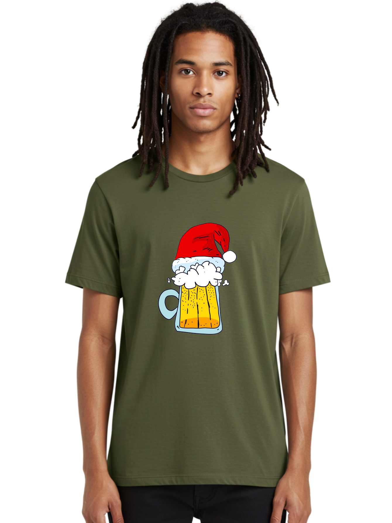 Beer-Mug-With-Santa-Hat Men'S Graphic Tee, 100% Cotton, Comfortable Casual Summer Wear, Machine Washable, Beer Mug With Santa Hat, Christmas Theme, Festive Drink, Holiday Cheer, Cartoon Style, Funny Illustration, Cold Beer, - Aaa011