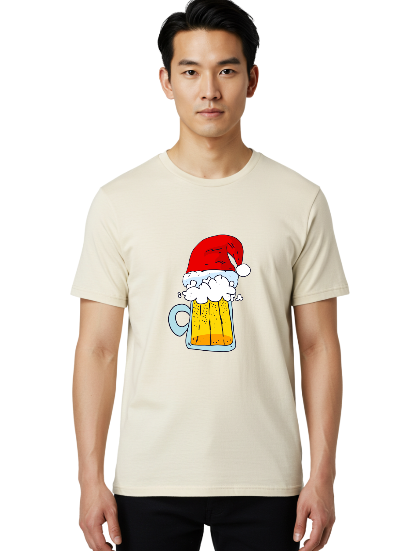 Beer-Mug-With-Santa-Hat Men'S Graphic Tee, 100% Cotton, Comfortable Casual Summer Wear, Machine Washable, Beer Mug With Santa Hat, Christmas Theme, Festive Drink, Holiday Cheer, Cartoon Style, Funny Illustration, Cold Beer, - Aaa011
