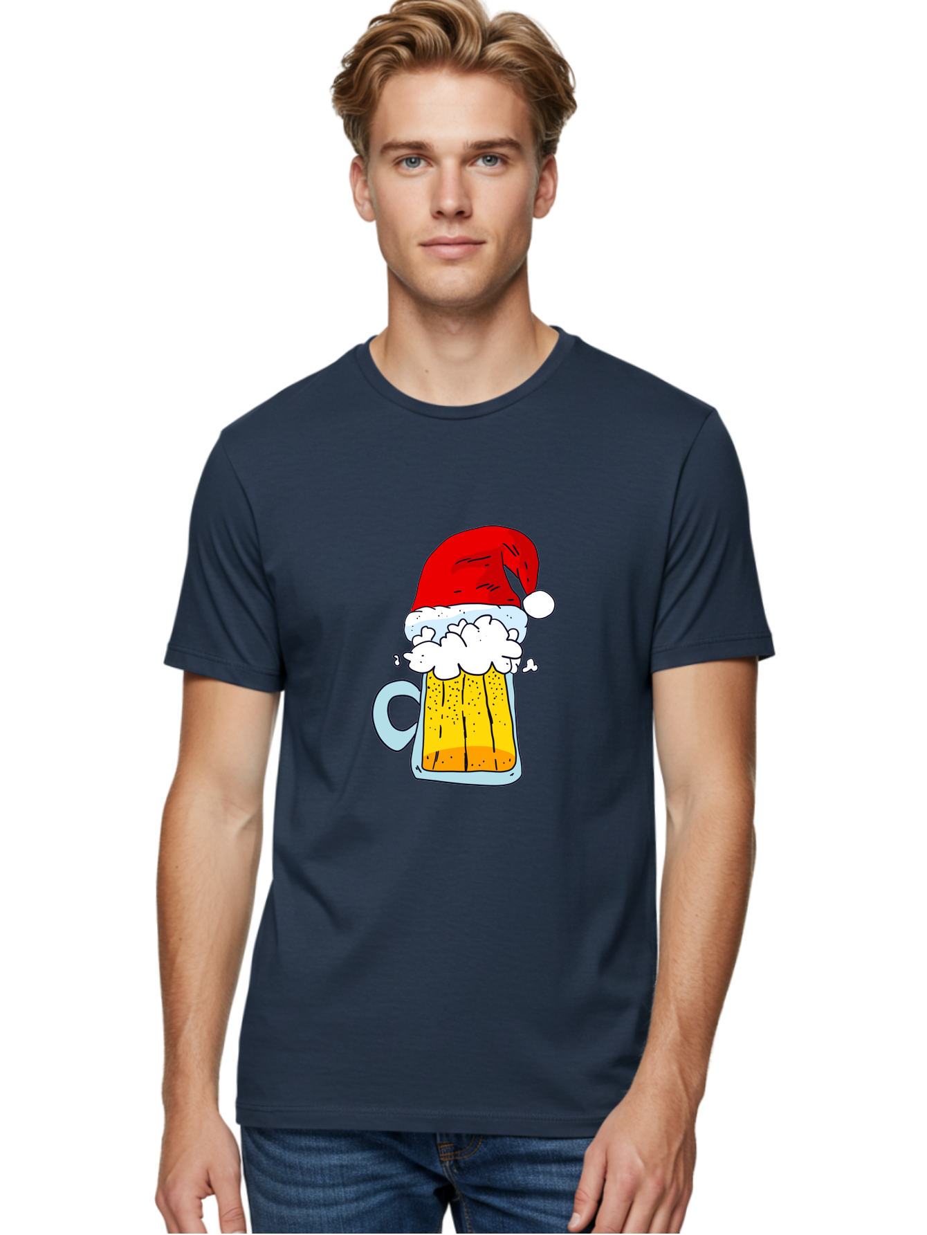 Beer-Mug-With-Santa-Hat Men'S Graphic Tee, 100% Cotton, Comfortable Casual Summer Wear, Machine Washable, Beer Mug With Santa Hat, Christmas Theme, Festive Drink, Holiday Cheer, Cartoon Style, Funny Illustration, Cold Beer, - Aaa011