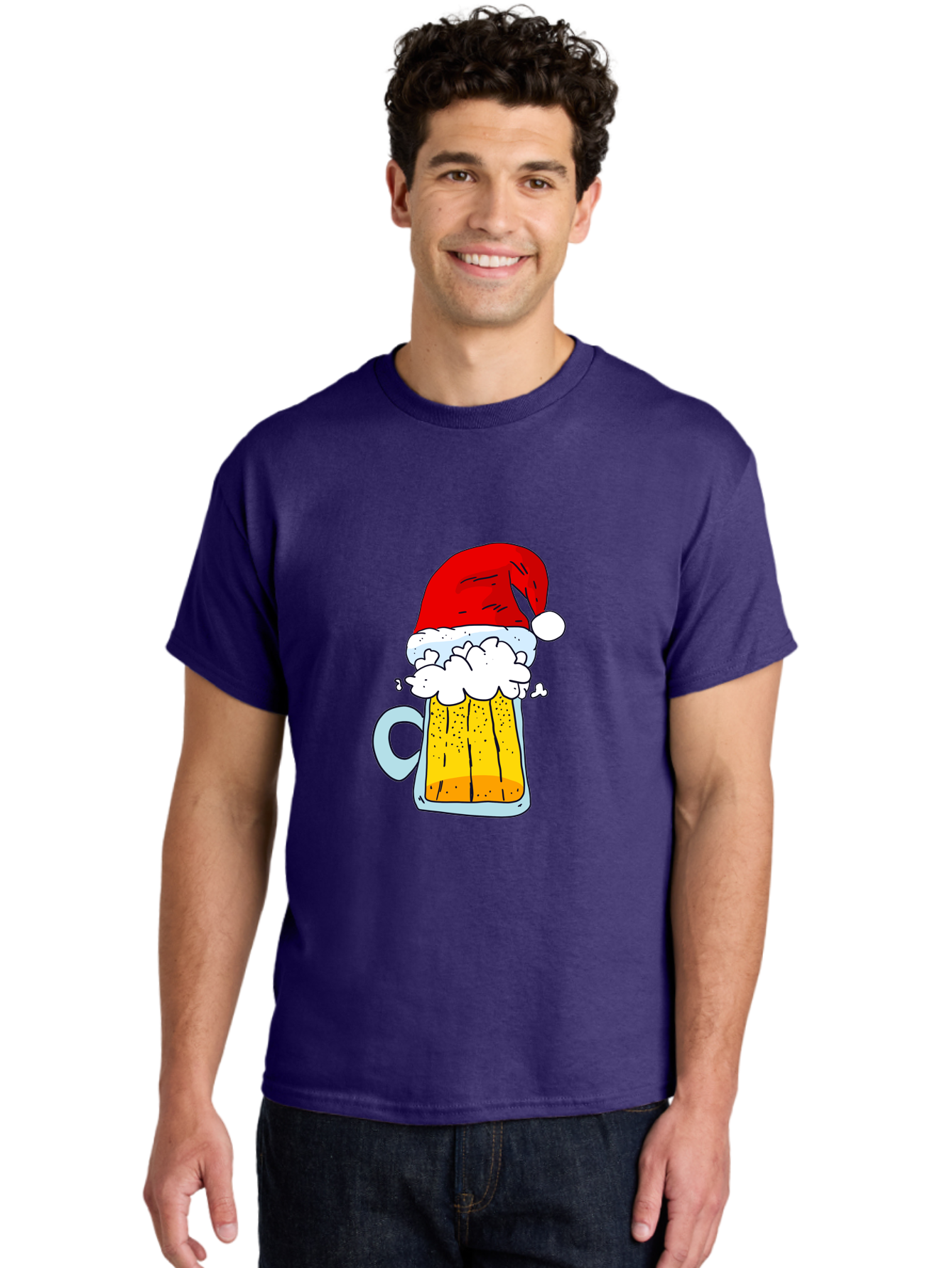 Beer-Mug-With-Santa-Hat Men'S Graphic Tee, 100% Cotton, Comfortable Casual Summer Wear, Machine Washable, Beer Mug With Santa Hat, Christmas Theme, Festive Drink, Holiday Cheer, Cartoon Style, Funny Illustration, Cold Beer, - Aaa011