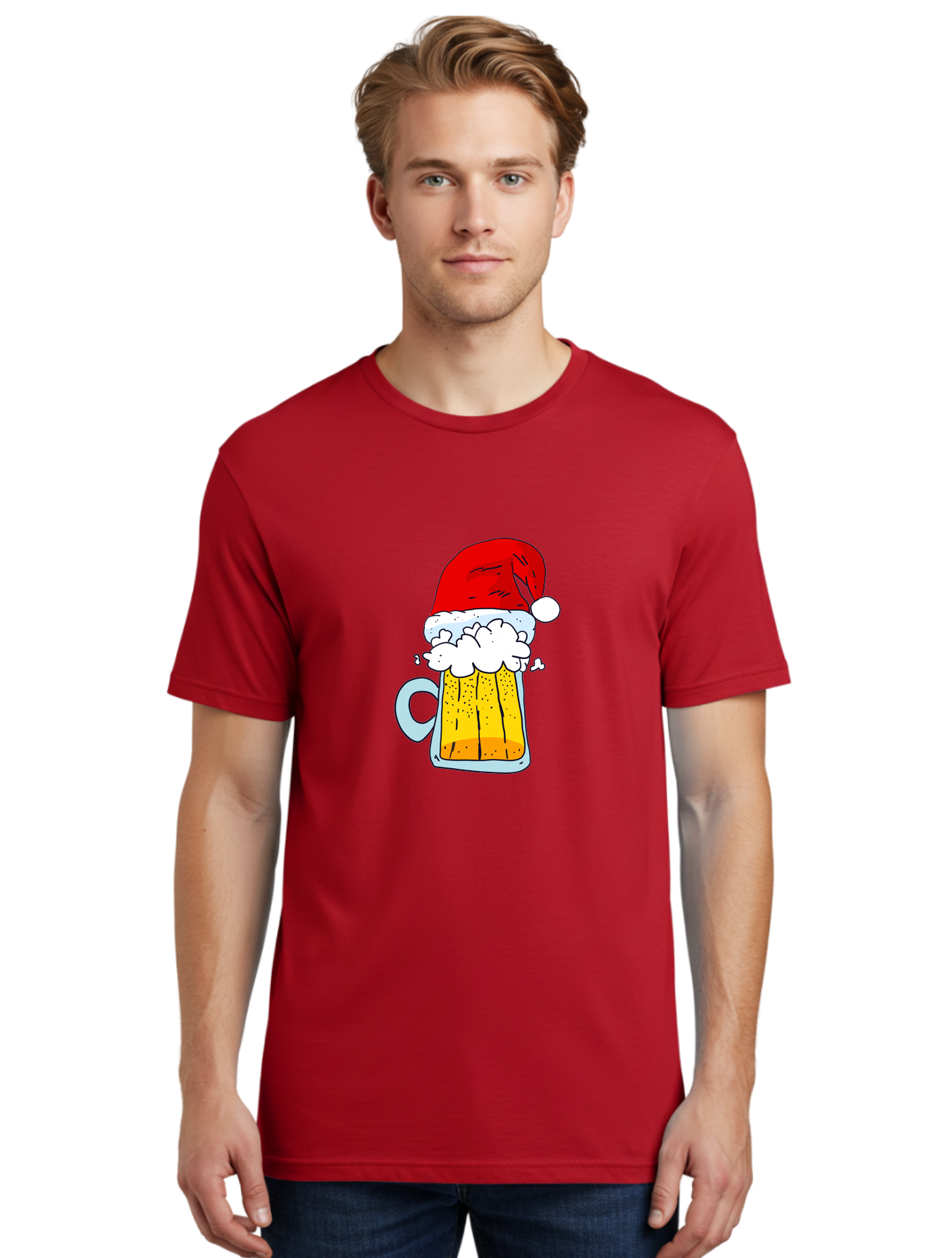 Beer-Mug-With-Santa-Hat Men'S Graphic Tee, 100% Cotton, Comfortable Casual Summer Wear, Machine Washable, Beer Mug With Santa Hat, Christmas Theme, Festive Drink, Holiday Cheer, Cartoon Style, Funny Illustration, Cold Beer, - Aaa011