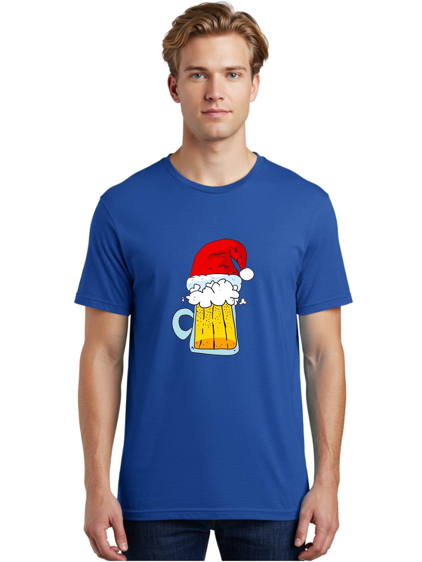Beer-Mug-With-Santa-Hat Men'S Graphic Tee, 100% Cotton, Comfortable Casual Summer Wear, Machine Washable, Beer Mug With Santa Hat, Christmas Theme, Festive Drink, Holiday Cheer, Cartoon Style, Funny Illustration, Cold Beer, - Aaa011