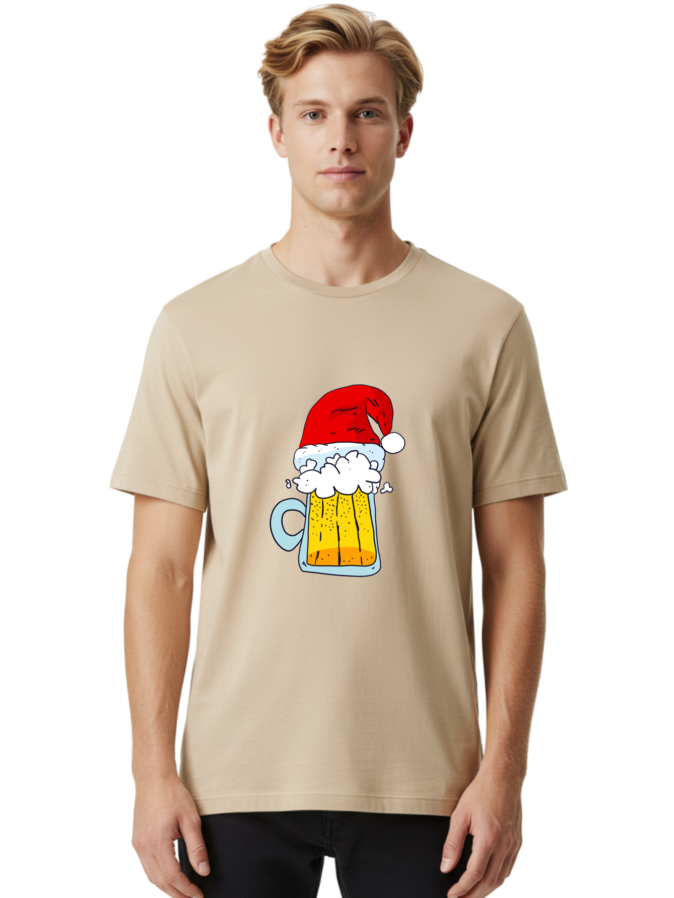 Beer-Mug-With-Santa-Hat Men'S Graphic Tee, 100% Cotton, Comfortable Casual Summer Wear, Machine Washable, Beer Mug With Santa Hat, Christmas Theme, Festive Drink, Holiday Cheer, Cartoon Style, Funny Illustration, Cold Beer, - Aaa011