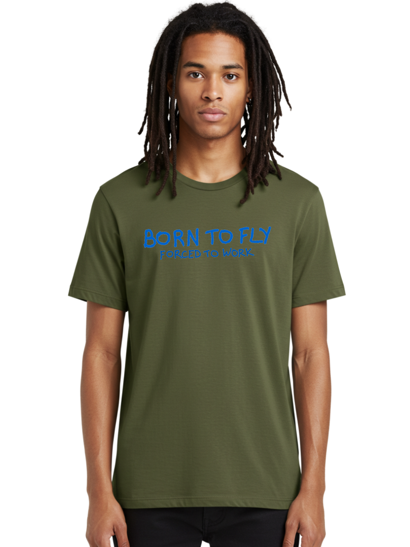 Born-To-Fly-Forced-To-Work Men'S Graphic Tee, 100% Cotton, Comfortable Casual Summer Wear, Machine Washable, Motivational Quote, Inspirational Phrase, Freedom Of Flight, Contrasting Work Life, Bold Typography, Blue Font, Statement Art - Aaa015