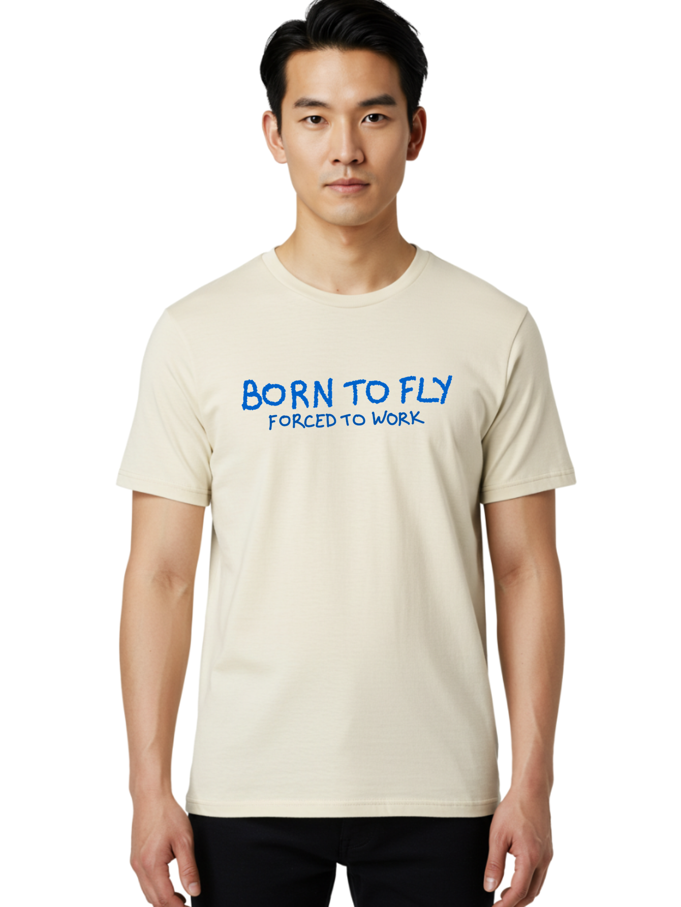 Born-To-Fly-Forced-To-Work Men'S Graphic Tee, 100% Cotton, Comfortable Casual Summer Wear, Machine Washable, Motivational Quote, Inspirational Phrase, Freedom Of Flight, Contrasting Work Life, Bold Typography, Blue Font, Statement Art - Aaa015