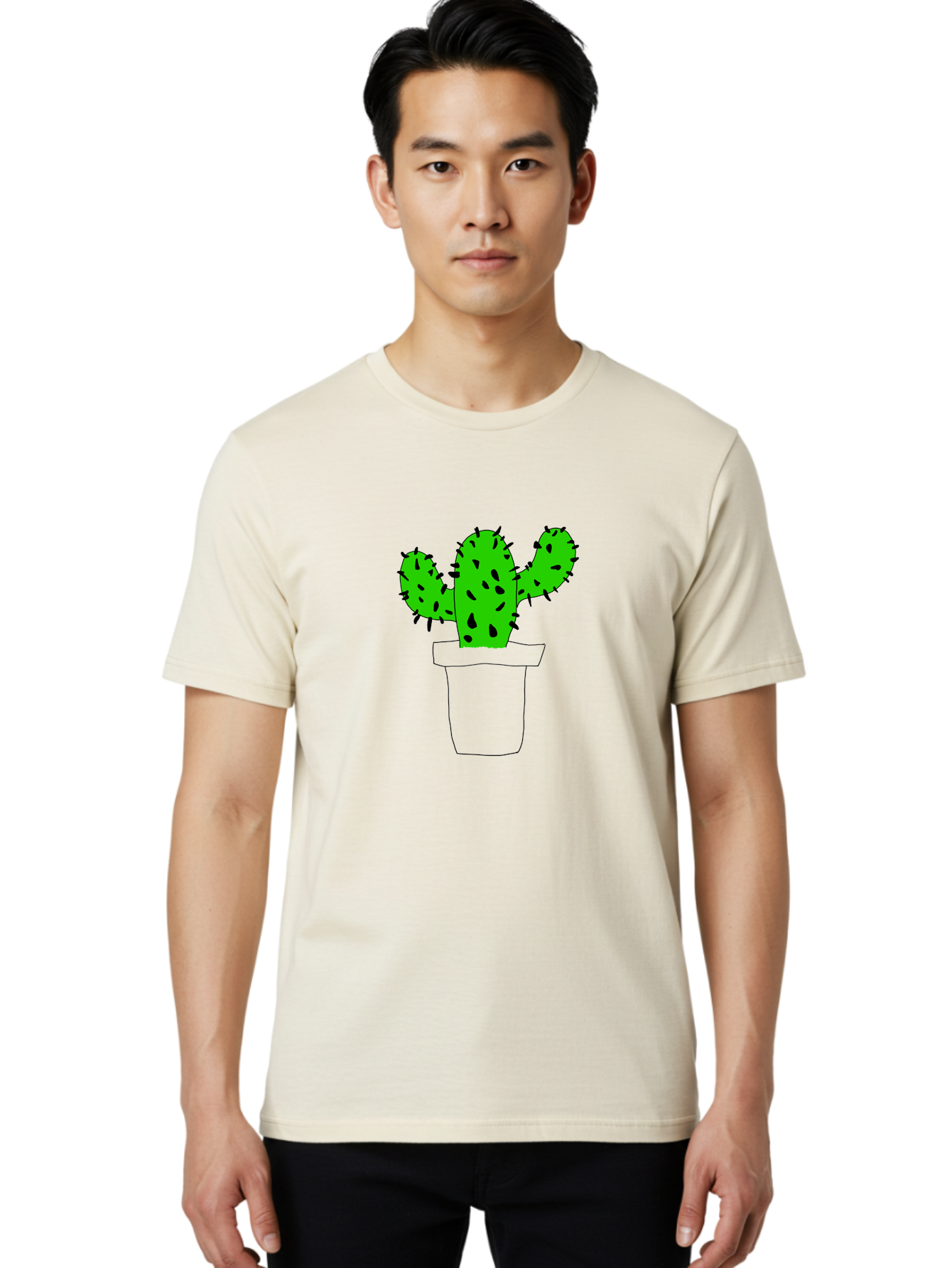 Cactus Men'S Graphic Tee, 100% Cotton, Comfortable Casual Summer Wear, Machine Washable, Cactus Plant, Potted Cactus, Spiky Leaves, Simple Illustration, Minimalist Design, Cacti, Succulent, Desert Plant, Houseplant, Black Outline - Aaa016