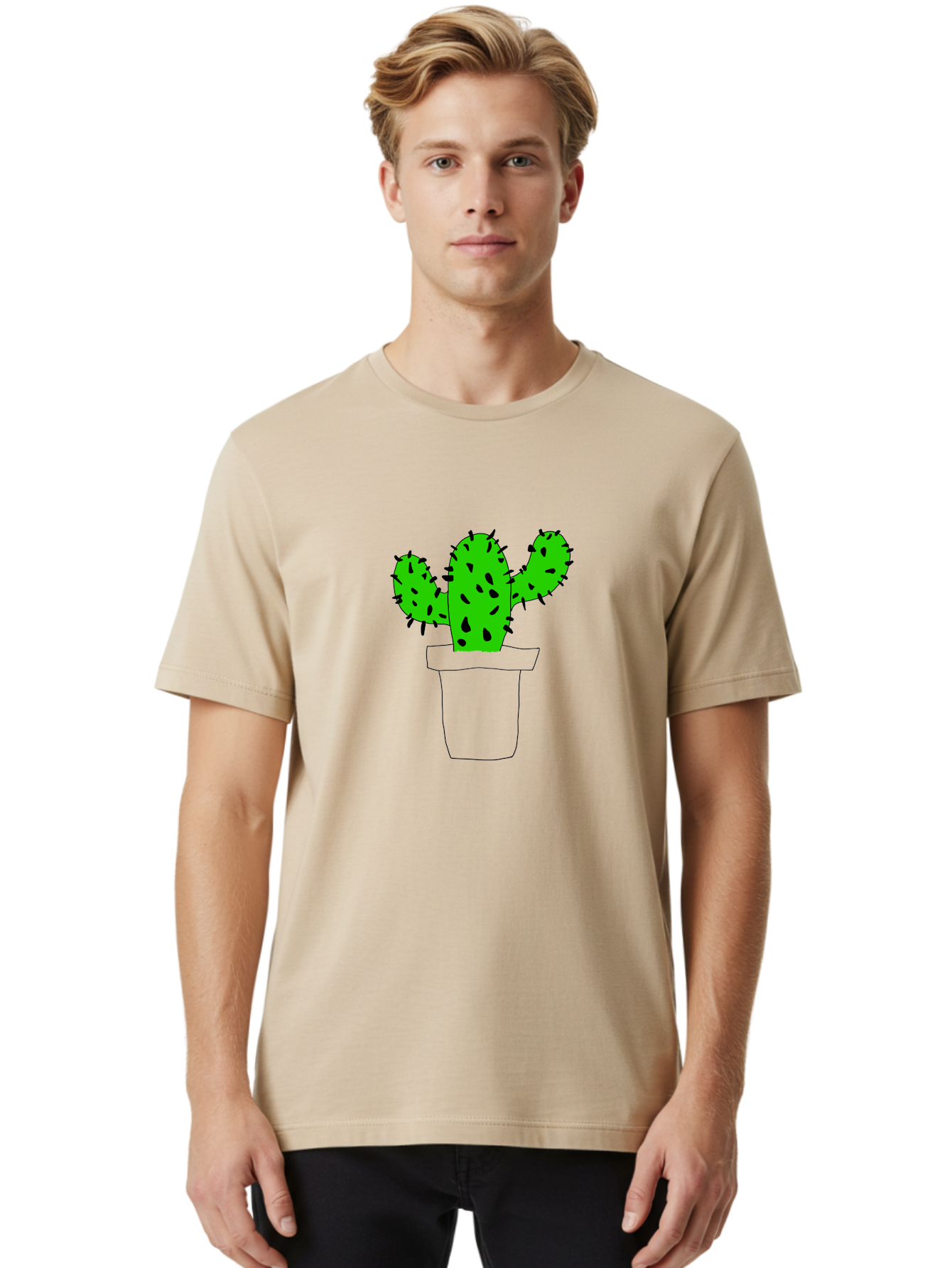 Cactus Men'S Graphic Tee, 100% Cotton, Comfortable Casual Summer Wear, Machine Washable, Cactus Plant, Potted Cactus, Spiky Leaves, Simple Illustration, Minimalist Design, Cacti, Succulent, Desert Plant, Houseplant, Black Outline - Aaa016