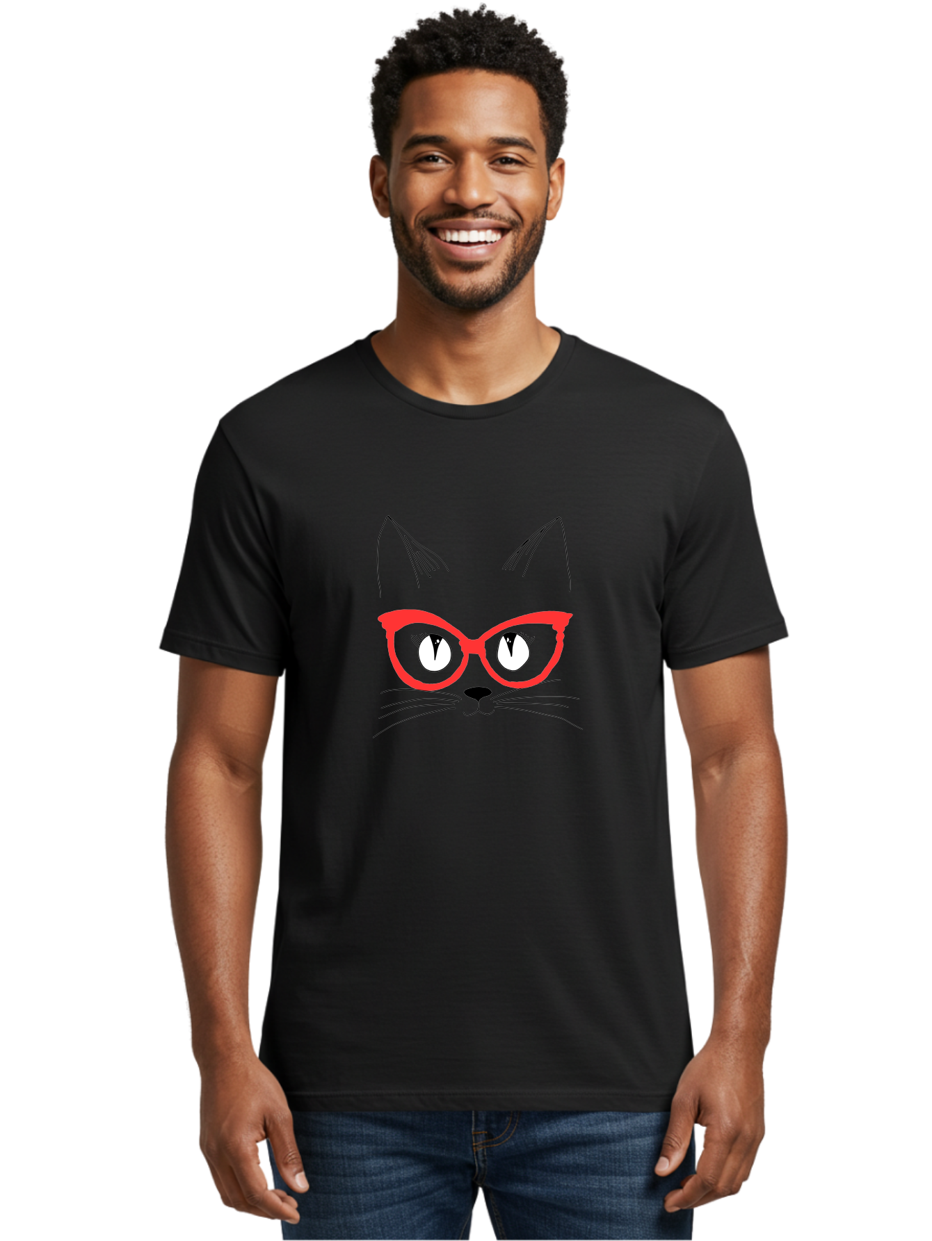 Cat-Face Men'S Graphic Tee, 100% Cotton, Comfortable Casual Summer Wear, Machine Washable, Funny Cat, Cat Face, Red Glasses, White Eyes, Black Nose, Whiskers, Cartoon Style, Simple Design, Cute Illustration, Pop Art, Modern Art - Aaa018