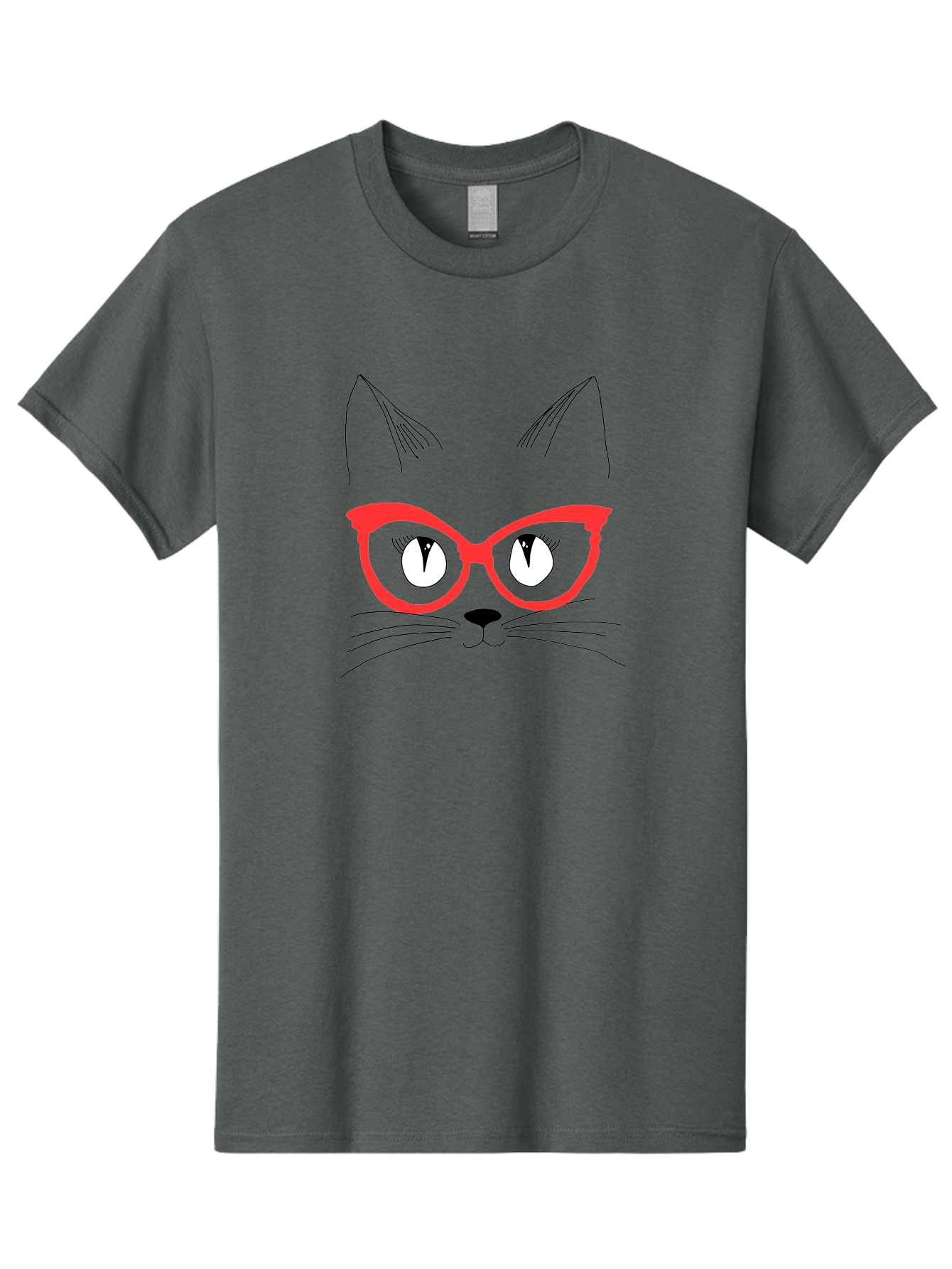 Cat-Face Men'S Graphic Tee, 100% Cotton, Comfortable Casual Summer Wear, Machine Washable, Funny Cat, Cat Face, Red Glasses, White Eyes, Black Nose, Whiskers, Cartoon Style, Simple Design, Cute Illustration, Pop Art, Modern Art - Aaa018