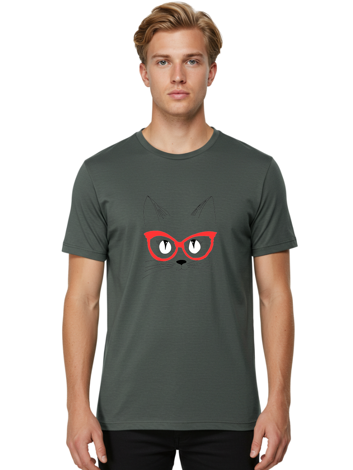 Cat-Face Men'S Graphic Tee, 100% Cotton, Comfortable Casual Summer Wear, Machine Washable, Funny Cat, Cat Face, Red Glasses, White Eyes, Black Nose, Whiskers, Cartoon Style, Simple Design, Cute Illustration, Pop Art, Modern Art - Aaa018