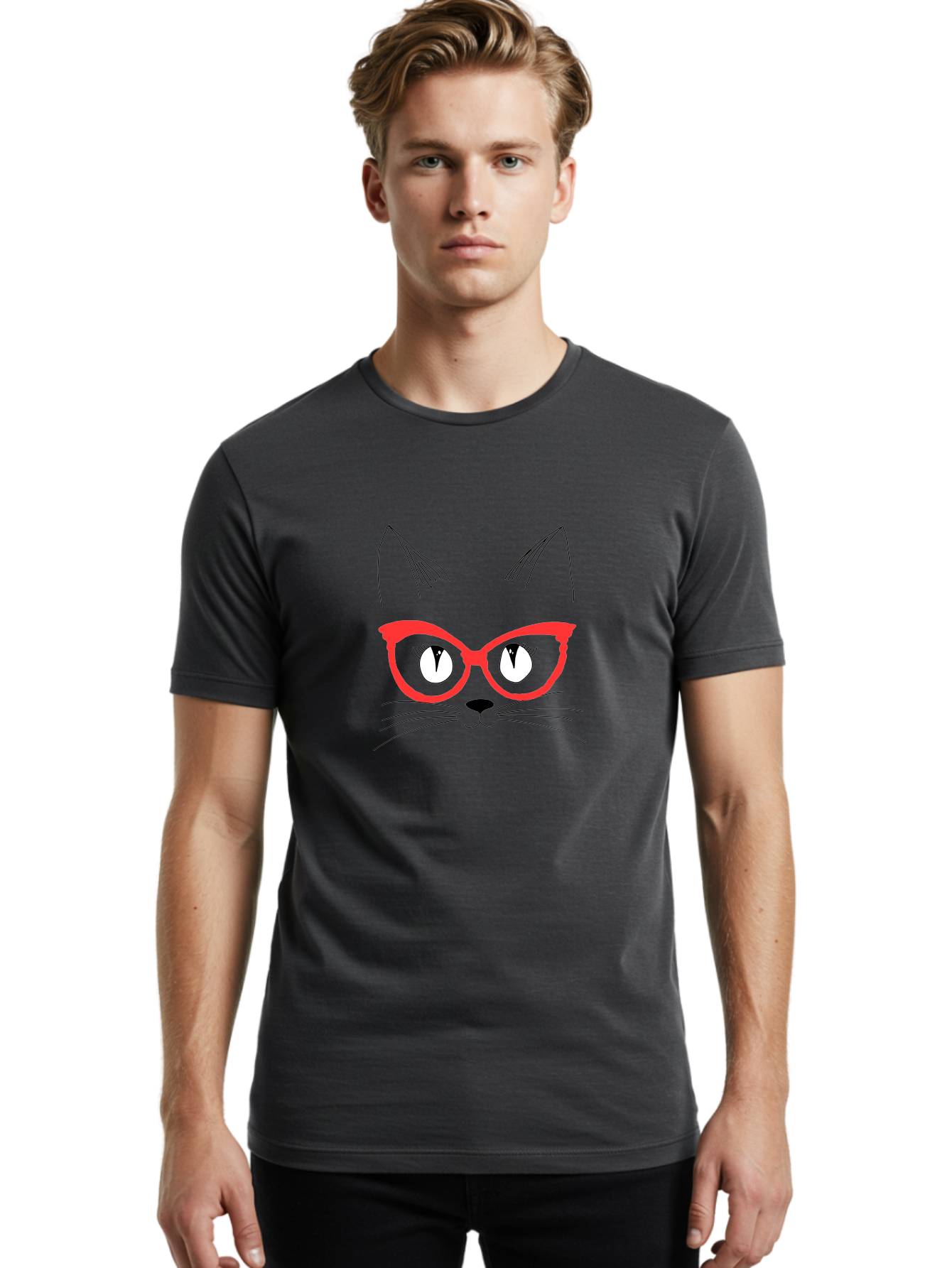 Cat-Face Men'S Graphic Tee, 100% Cotton, Comfortable Casual Summer Wear, Machine Washable, Funny Cat, Cat Face, Red Glasses, White Eyes, Black Nose, Whiskers, Cartoon Style, Simple Design, Cute Illustration, Pop Art, Modern Art - Aaa018