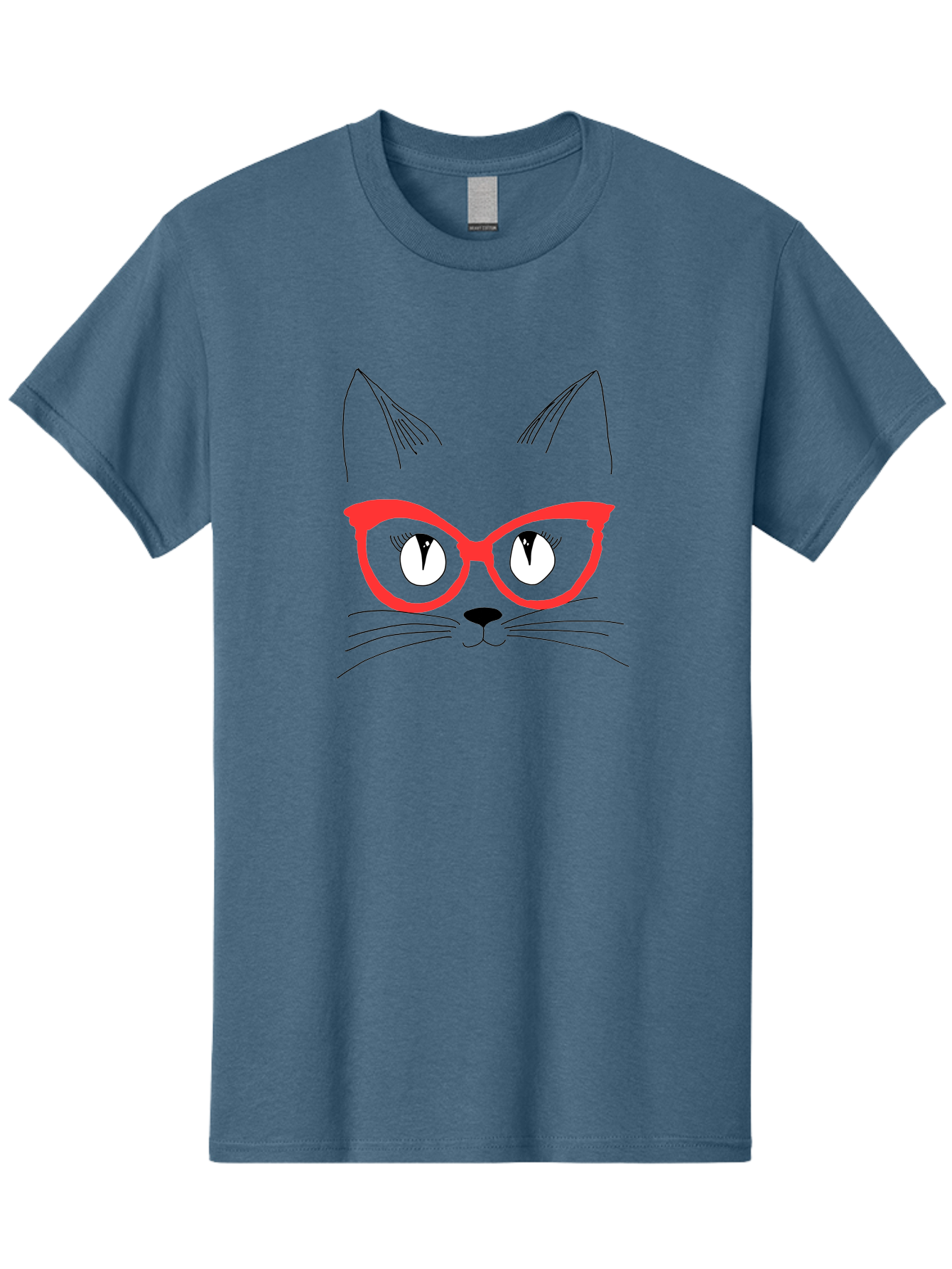 Cat-Face Men'S Graphic Tee, 100% Cotton, Comfortable Casual Summer Wear, Machine Washable, Funny Cat, Cat Face, Red Glasses, White Eyes, Black Nose, Whiskers, Cartoon Style, Simple Design, Cute Illustration, Pop Art, Modern Art - Aaa018
