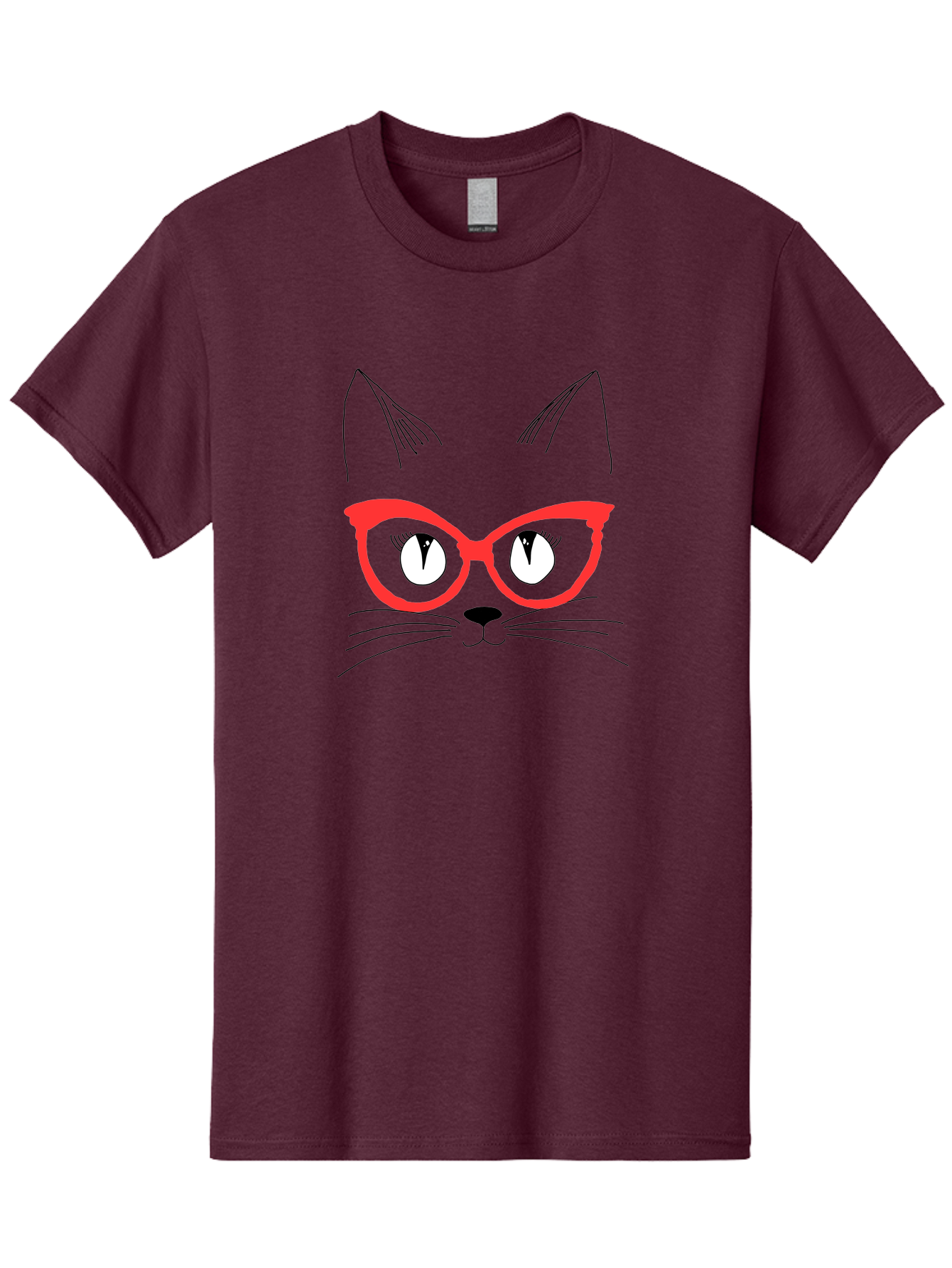 Cat-Face Men'S Graphic Tee, 100% Cotton, Comfortable Casual Summer Wear, Machine Washable, Funny Cat, Cat Face, Red Glasses, White Eyes, Black Nose, Whiskers, Cartoon Style, Simple Design, Cute Illustration, Pop Art, Modern Art - Aaa018