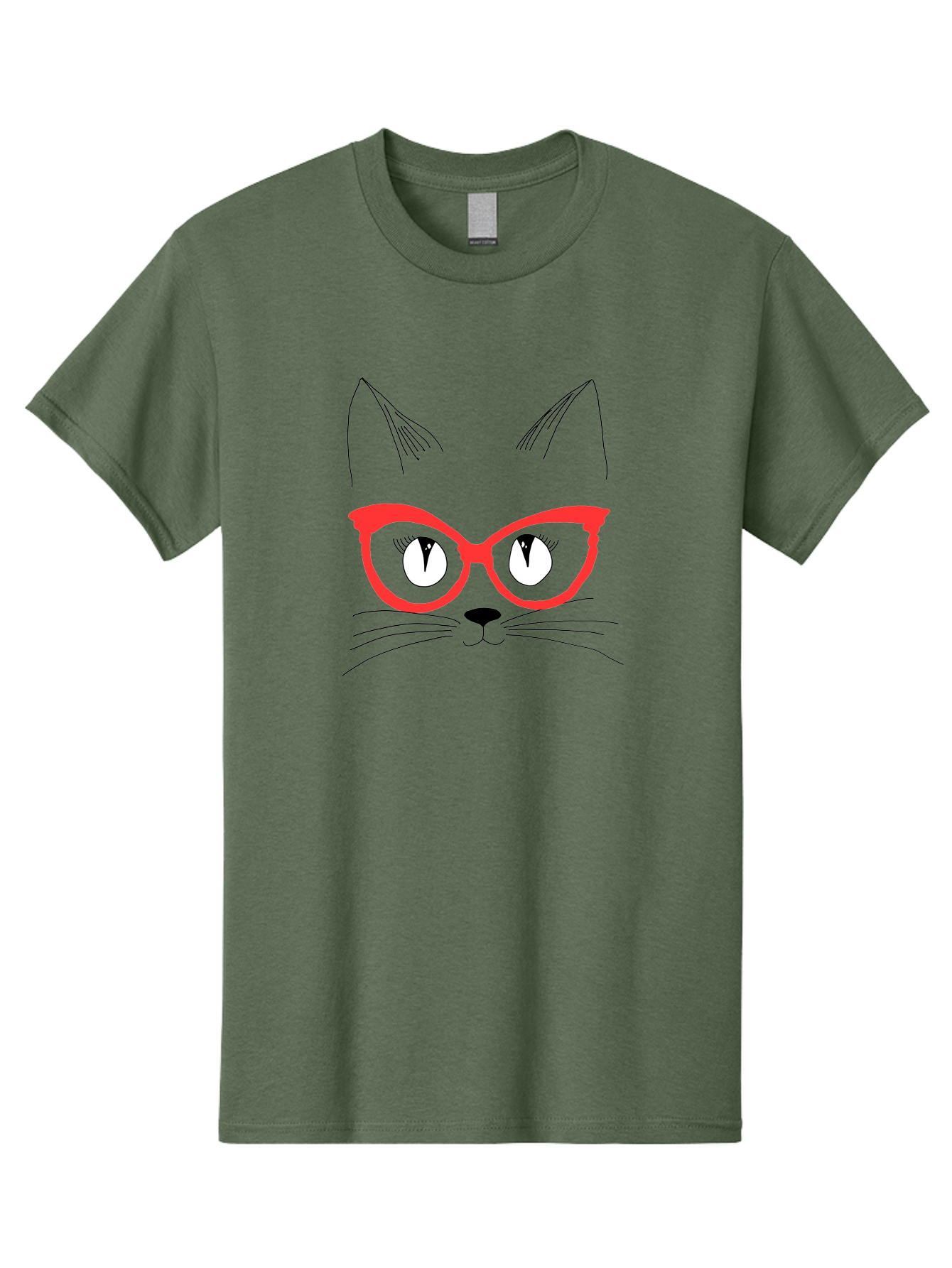 Cat-Face Men'S Graphic Tee, 100% Cotton, Comfortable Casual Summer Wear, Machine Washable, Funny Cat, Cat Face, Red Glasses, White Eyes, Black Nose, Whiskers, Cartoon Style, Simple Design, Cute Illustration, Pop Art, Modern Art - Aaa018