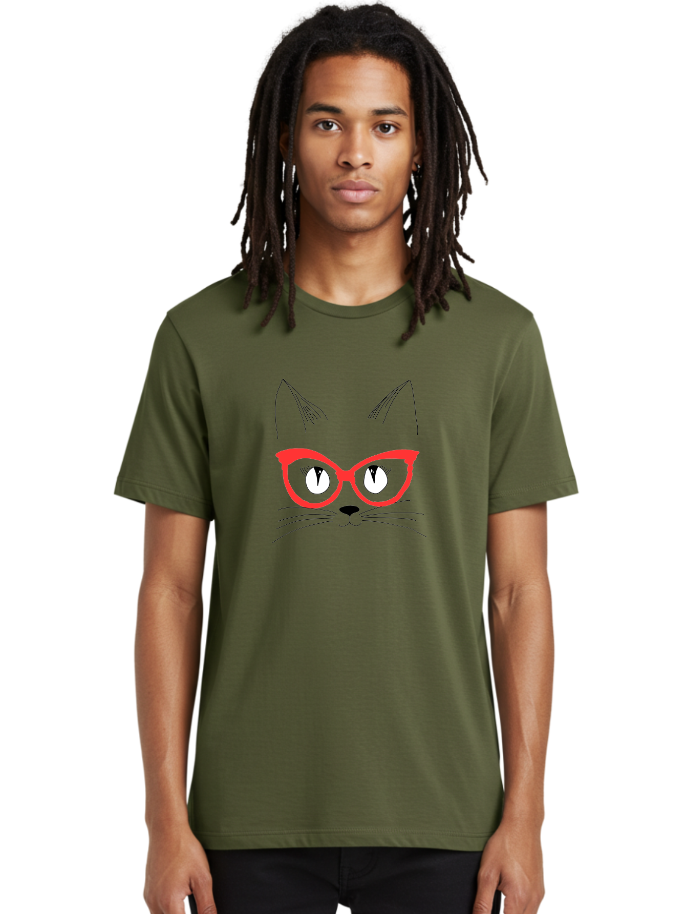 Cat-Face Men'S Graphic Tee, 100% Cotton, Comfortable Casual Summer Wear, Machine Washable, Funny Cat, Cat Face, Red Glasses, White Eyes, Black Nose, Whiskers, Cartoon Style, Simple Design, Cute Illustration, Pop Art, Modern Art - Aaa018