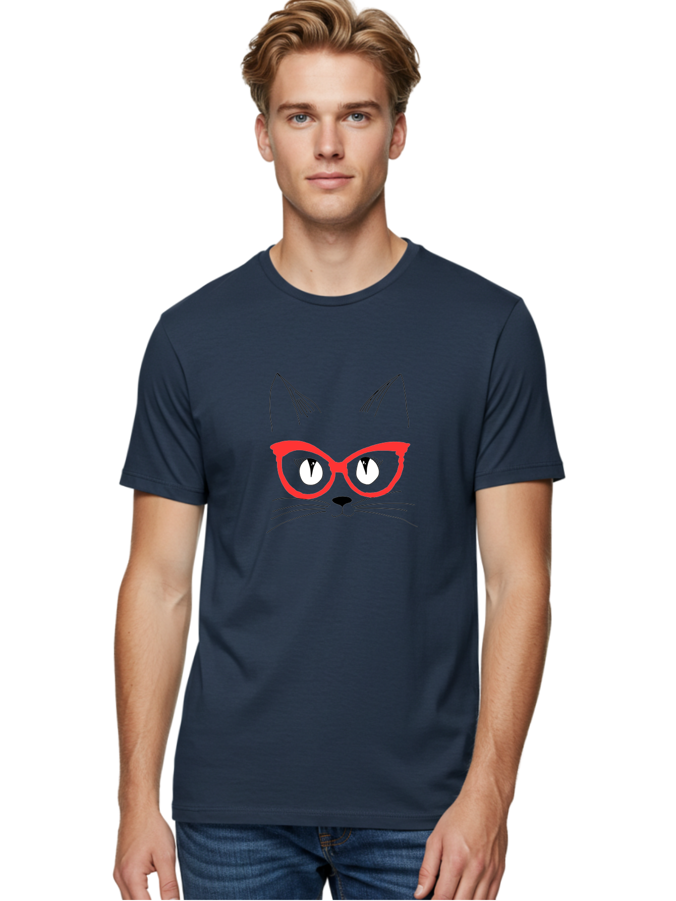 Cat-Face Men'S Graphic Tee, 100% Cotton, Comfortable Casual Summer Wear, Machine Washable, Funny Cat, Cat Face, Red Glasses, White Eyes, Black Nose, Whiskers, Cartoon Style, Simple Design, Cute Illustration, Pop Art, Modern Art - Aaa018
