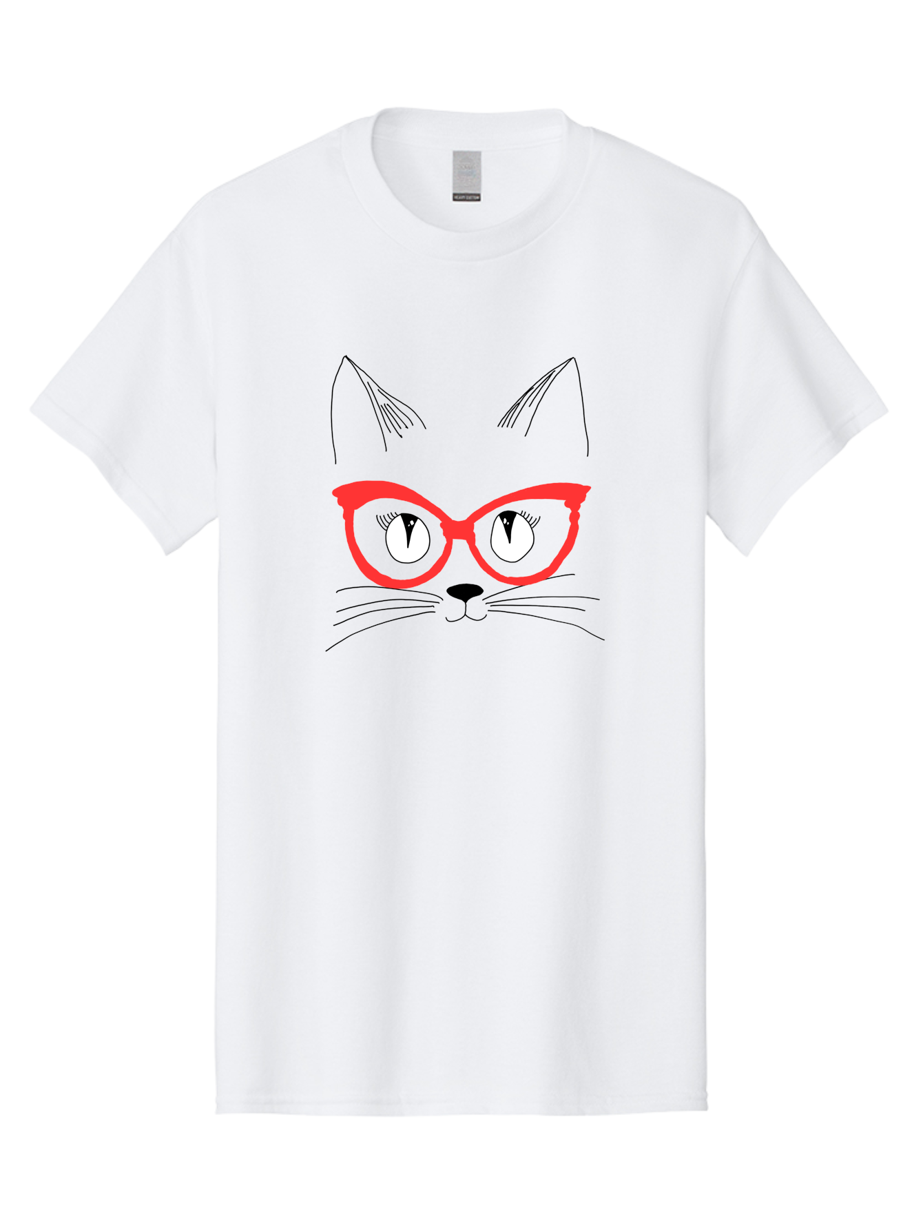 Cat-Face Men'S Graphic Tee, 100% Cotton, Comfortable Casual Summer Wear, Machine Washable, Funny Cat, Cat Face, Red Glasses, White Eyes, Black Nose, Whiskers, Cartoon Style, Simple Design, Cute Illustration, Pop Art, Modern Art - Aaa018