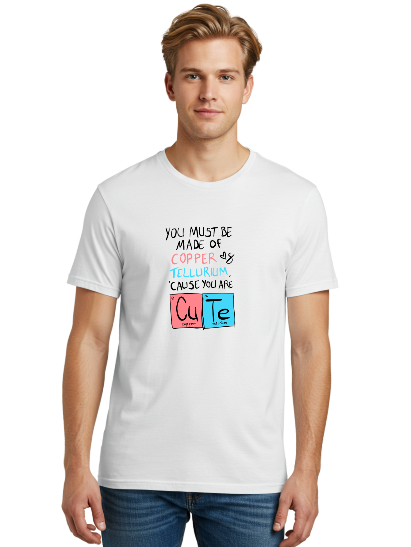Cute-Chemistry-Pun Men'S Graphic Tee, 100% Cotton, Comfortable Casual Summer Wear, Machine Washable, Cute Chemistry Pun, Periodic Table Elements, Copper And Tellurium, Chemistry Joke, Science Humor, Funny Quote, Playful Design, - Aaa022
