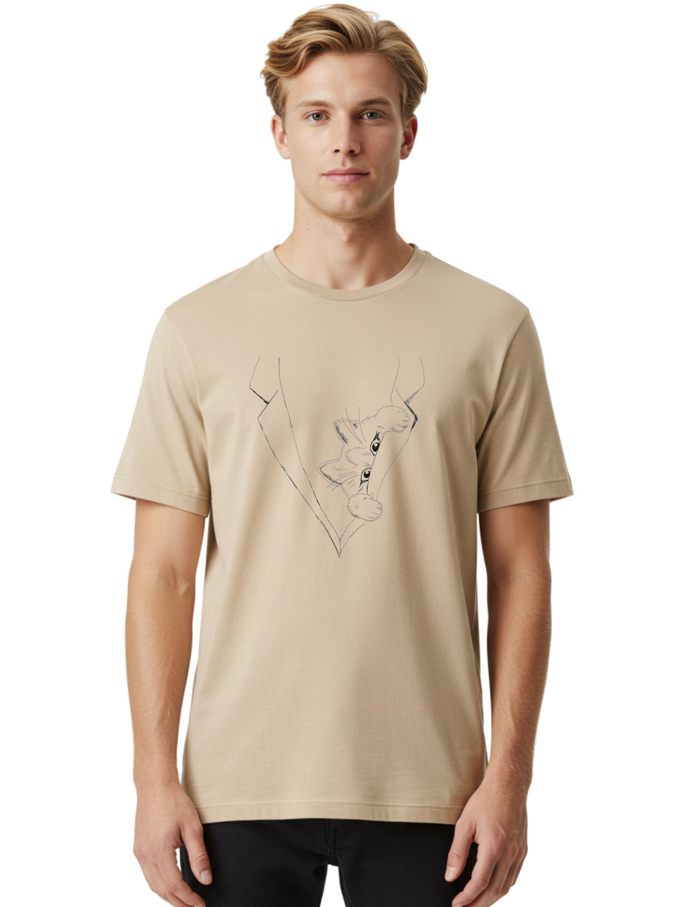 Dog-In-Diamond Men'S Graphic Tee, 100% Cotton, Comfortable Casual Summer Wear, Machine Washable, Cat In Tuxedo, Feline Fashion, Elegant Cat, Black Line Art, Whimsical Design, Stylized Illustration, Cute Cartoon, Cat Face, Stylish Accessory, - Aaa024