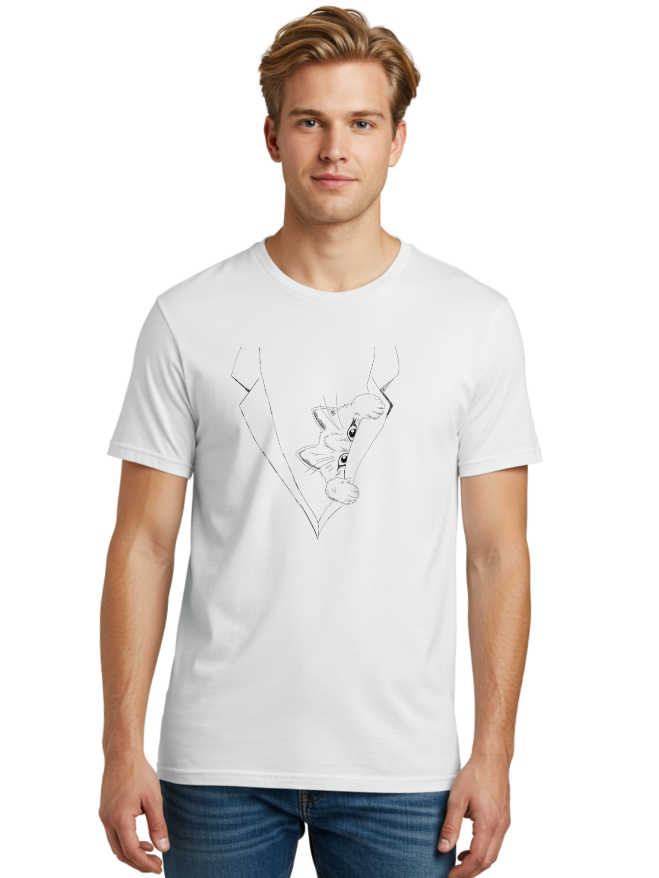 Dog-In-Diamond Men'S Graphic Tee, 100% Cotton, Comfortable Casual Summer Wear, Machine Washable, Cat In Tuxedo, Feline Fashion, Elegant Cat, Black Line Art, Whimsical Design, Stylized Illustration, Cute Cartoon, Cat Face, Stylish Accessory, - Aaa024