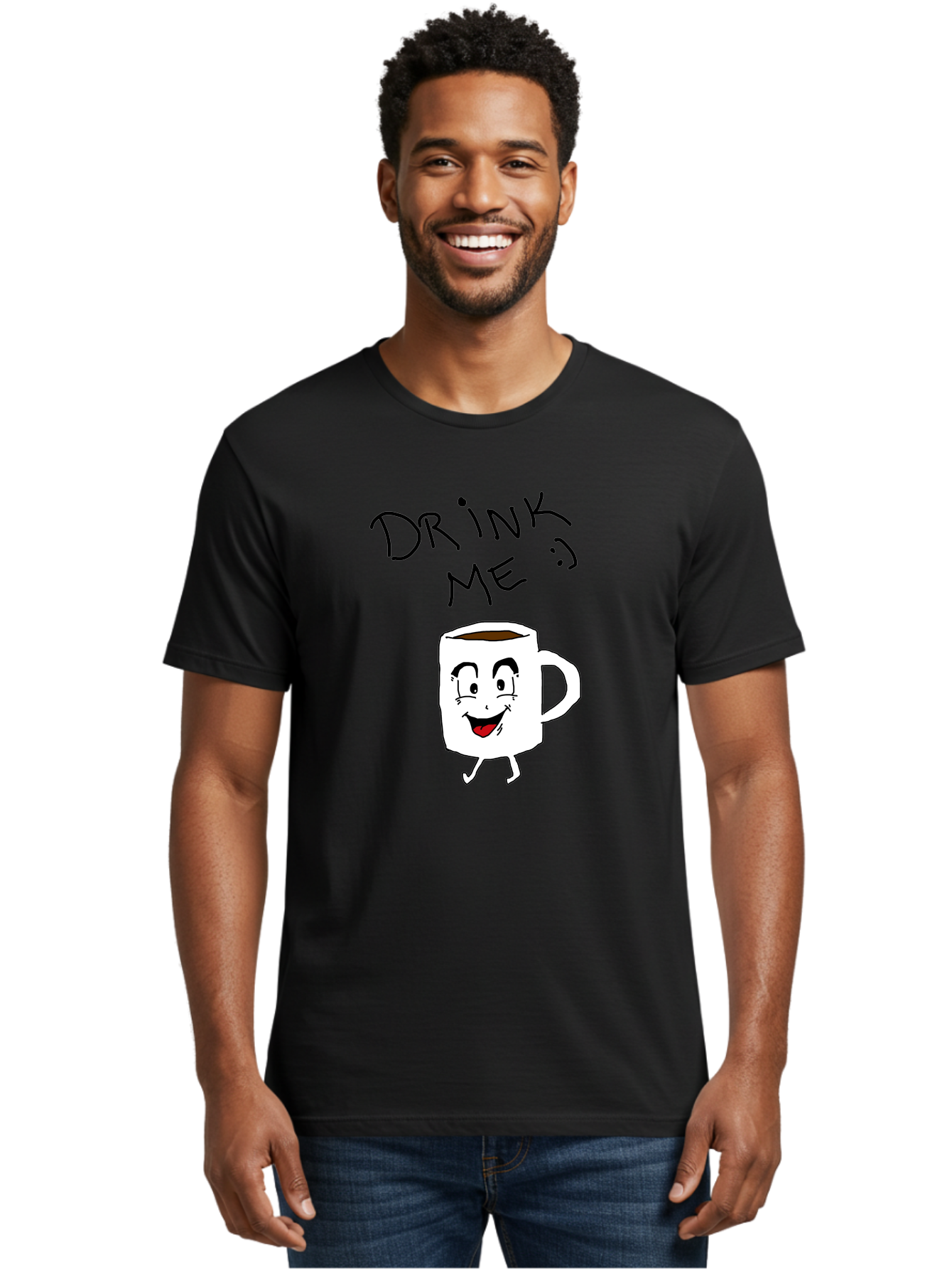 Drink-Me Men'S Graphic Tee, 100% Cotton, Comfortable Casual Summer Wear, Machine Washable, Cartoon Coffee Mug, Anthropomorphic Character, Smiling Face, Happy Expression, Coffee Drink, Beverage Illustration, Funny Character Design, - Aaa029