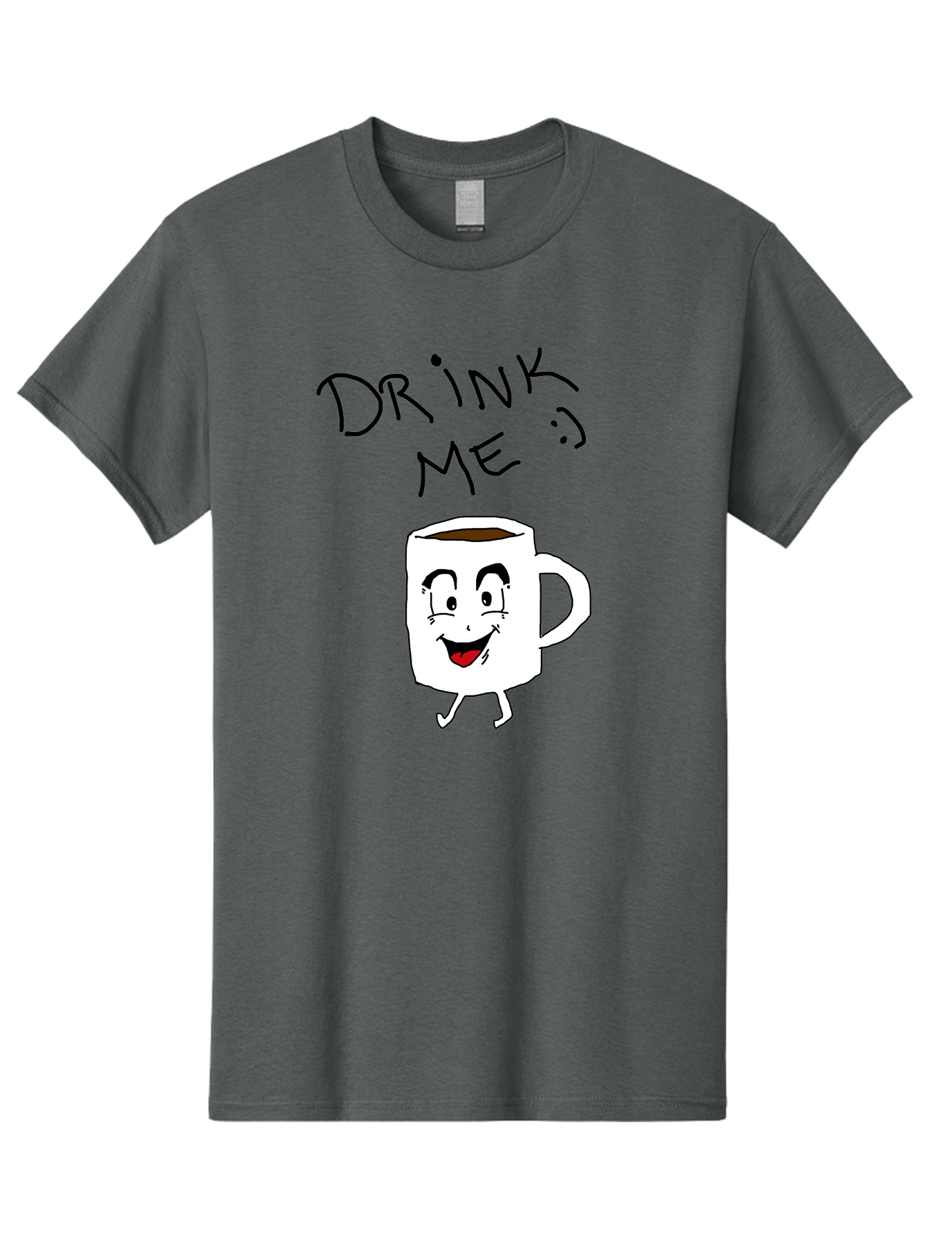 Drink-Me Men'S Graphic Tee, 100% Cotton, Comfortable Casual Summer Wear, Machine Washable, Cartoon Coffee Mug, Anthropomorphic Character, Smiling Face, Happy Expression, Coffee Drink, Beverage Illustration, Funny Character Design, - Aaa029