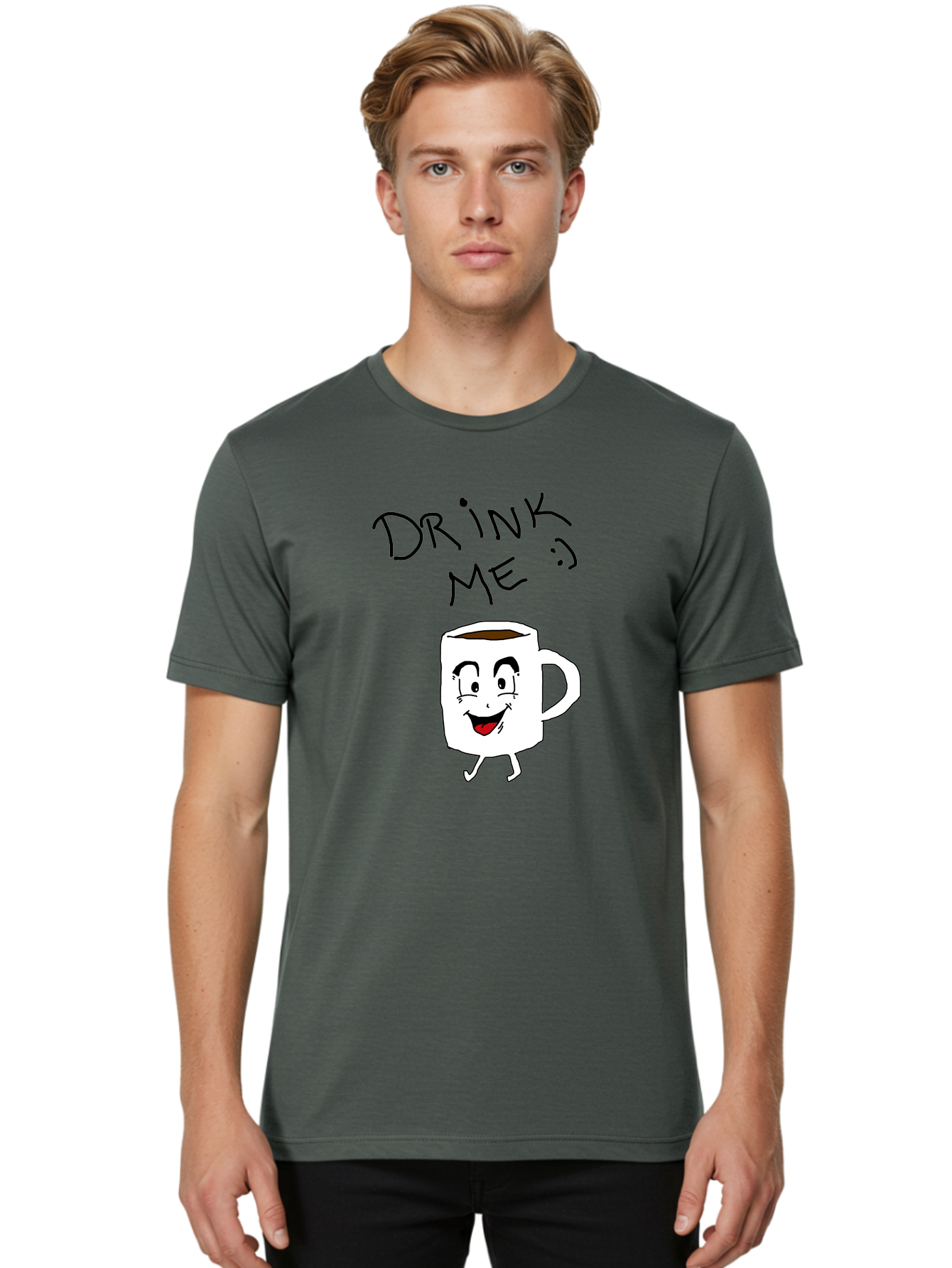 Drink-Me Men'S Graphic Tee, 100% Cotton, Comfortable Casual Summer Wear, Machine Washable, Cartoon Coffee Mug, Anthropomorphic Character, Smiling Face, Happy Expression, Coffee Drink, Beverage Illustration, Funny Character Design, - Aaa029
