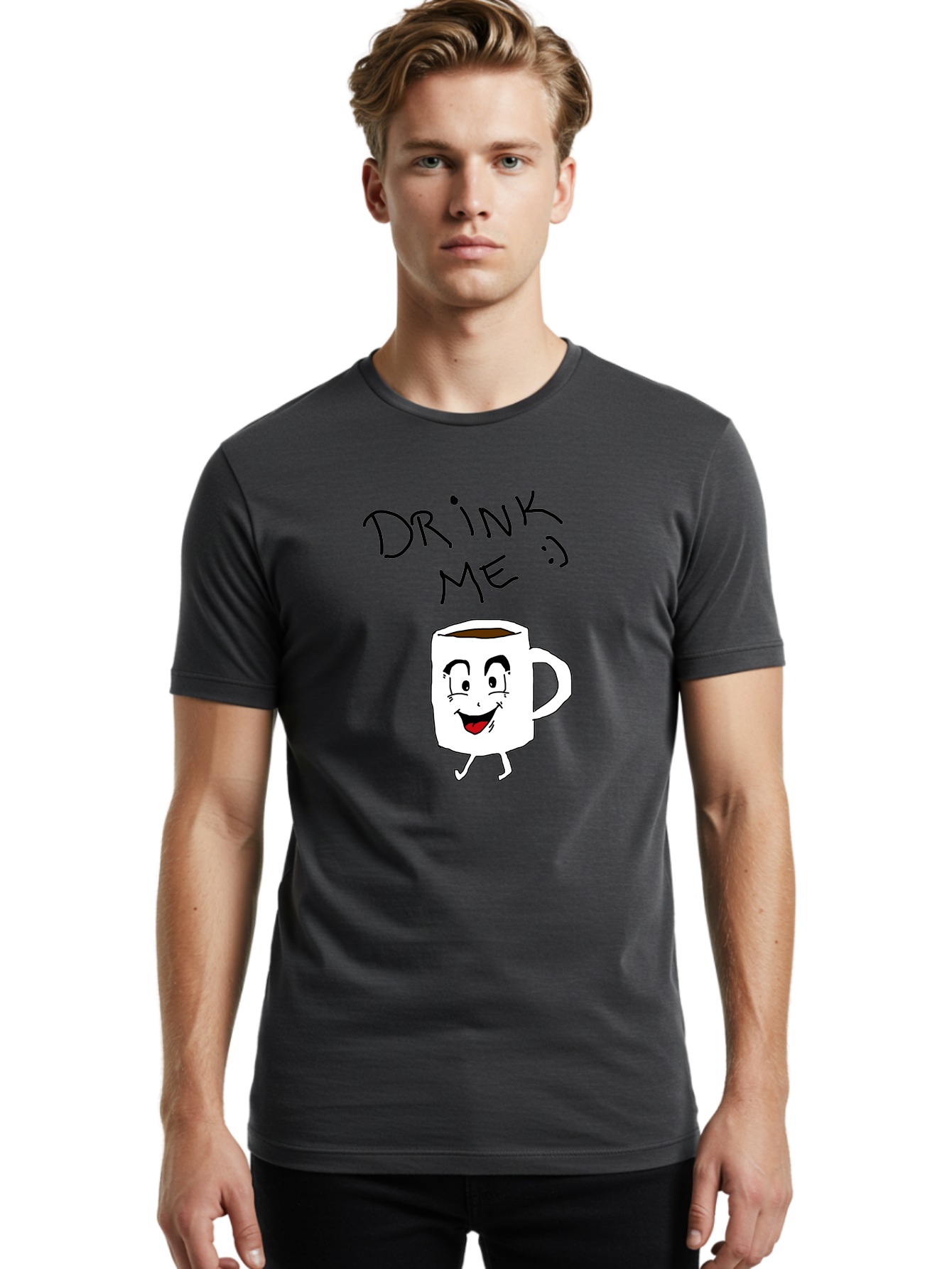 Drink-Me Men'S Graphic Tee, 100% Cotton, Comfortable Casual Summer Wear, Machine Washable, Cartoon Coffee Mug, Anthropomorphic Character, Smiling Face, Happy Expression, Coffee Drink, Beverage Illustration, Funny Character Design, - Aaa029