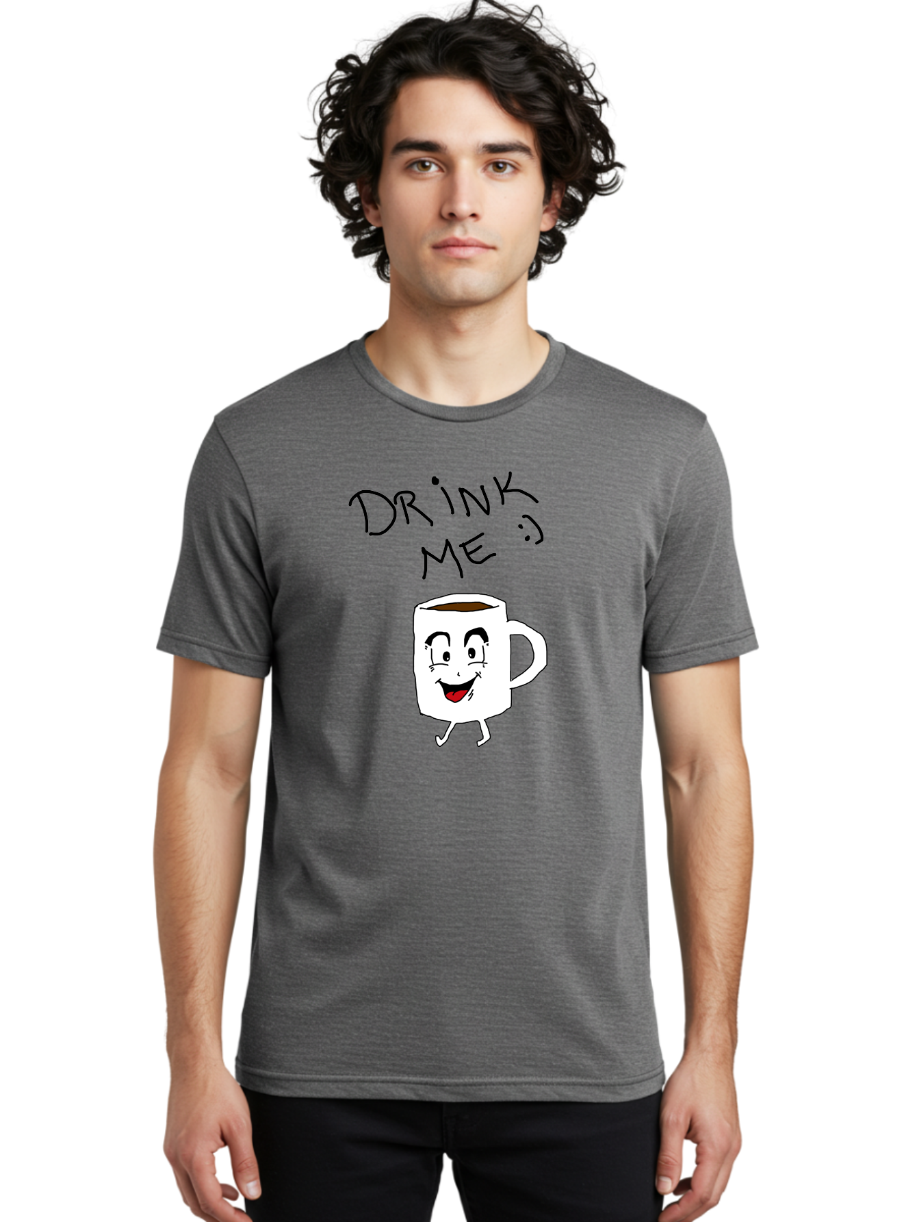 Drink-Me Men'S Graphic Tee, 100% Cotton, Comfortable Casual Summer Wear, Machine Washable, Cartoon Coffee Mug, Anthropomorphic Character, Smiling Face, Happy Expression, Coffee Drink, Beverage Illustration, Funny Character Design, - Aaa029