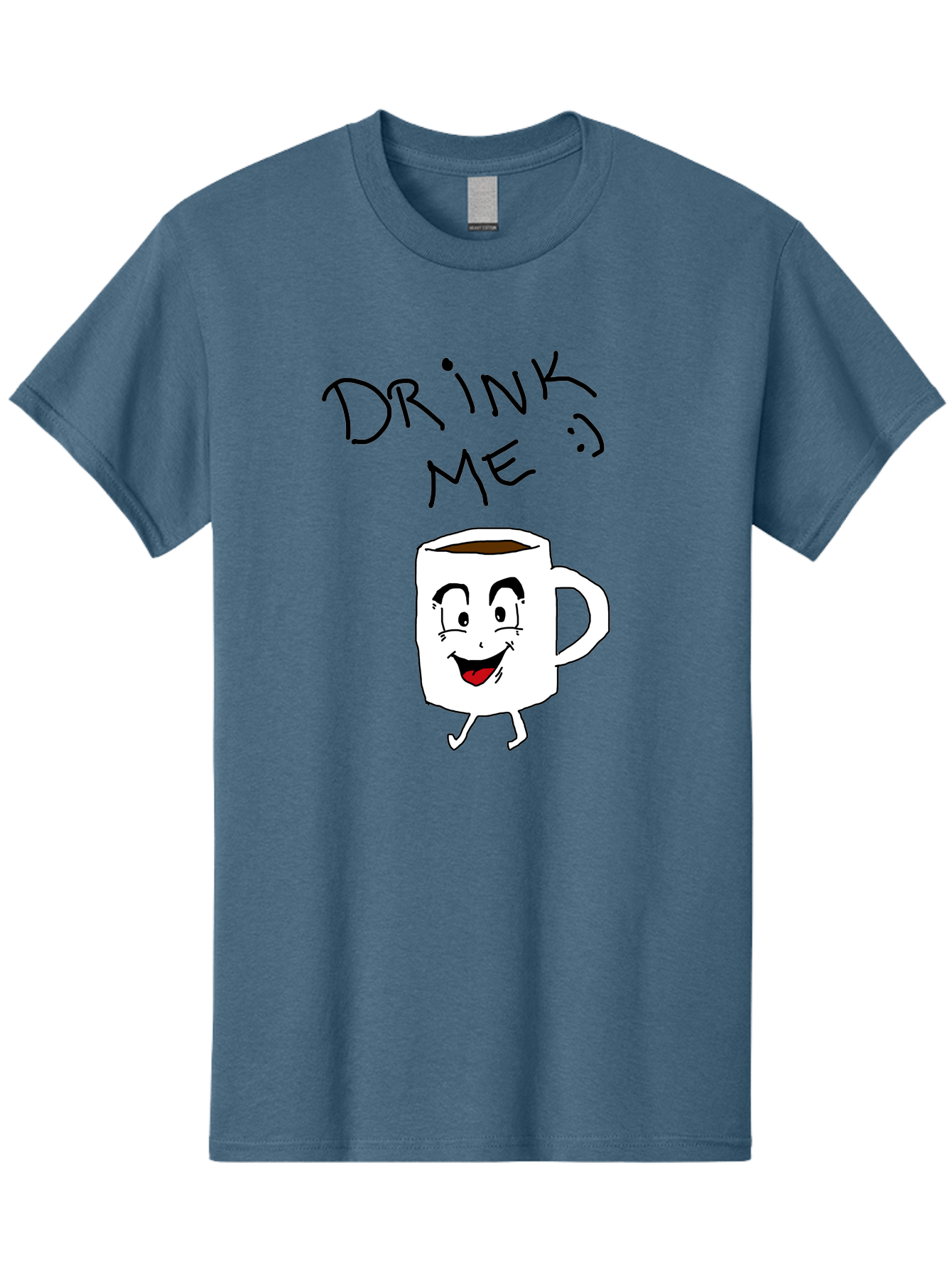 Drink-Me Men'S Graphic Tee, 100% Cotton, Comfortable Casual Summer Wear, Machine Washable, Cartoon Coffee Mug, Anthropomorphic Character, Smiling Face, Happy Expression, Coffee Drink, Beverage Illustration, Funny Character Design, - Aaa029