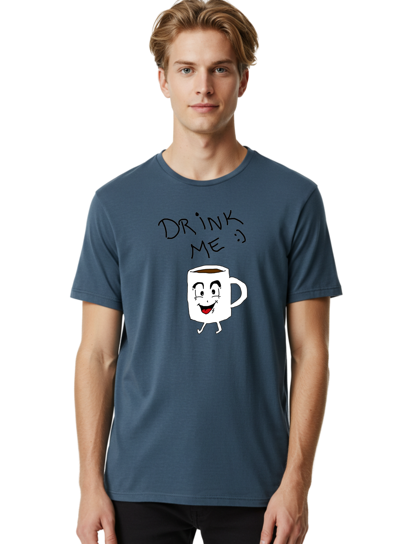 Drink-Me Men'S Graphic Tee, 100% Cotton, Comfortable Casual Summer Wear, Machine Washable, Cartoon Coffee Mug, Anthropomorphic Character, Smiling Face, Happy Expression, Coffee Drink, Beverage Illustration, Funny Character Design, - Aaa029
