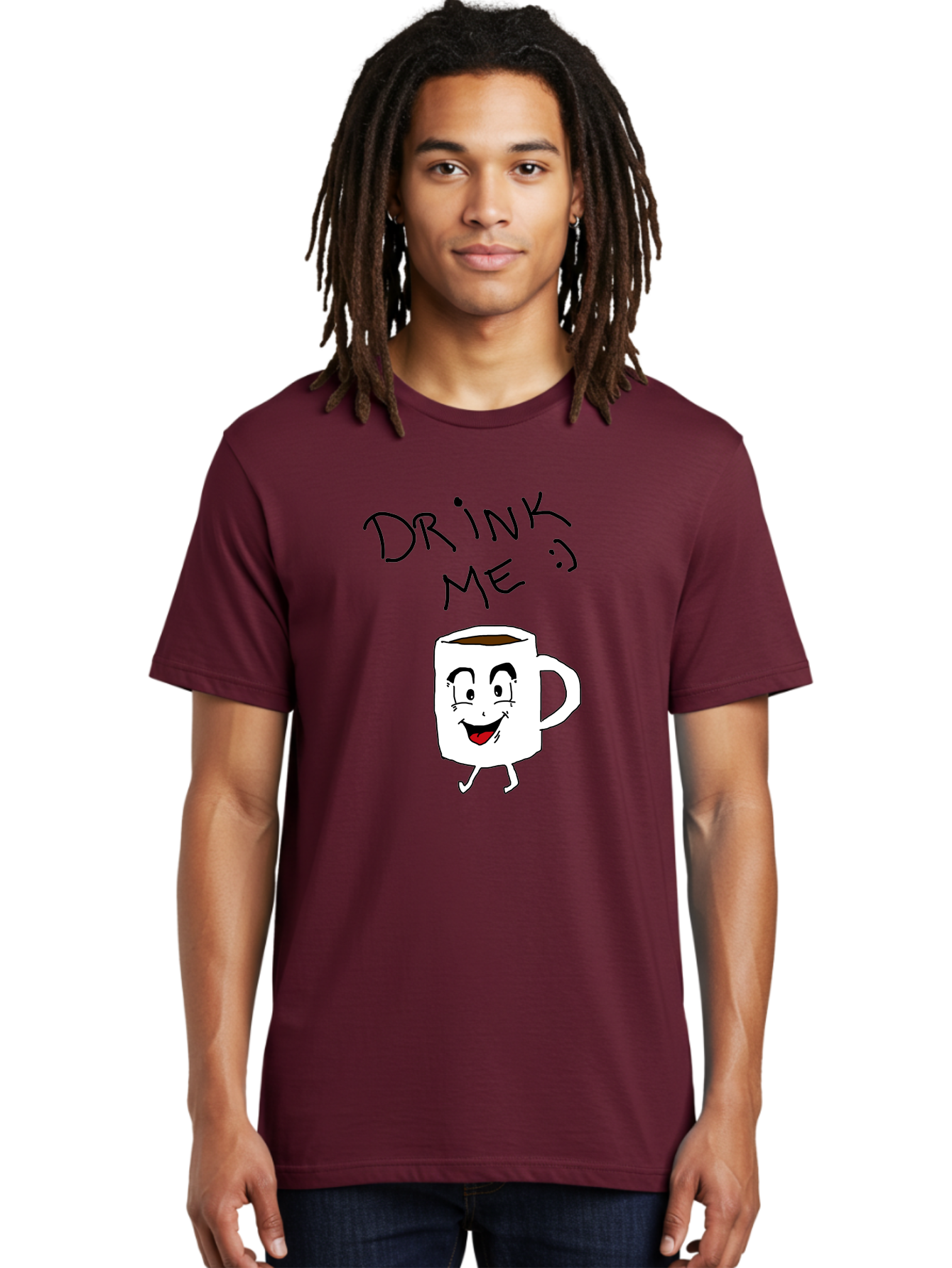 Drink-Me Men'S Graphic Tee, 100% Cotton, Comfortable Casual Summer Wear, Machine Washable, Cartoon Coffee Mug, Anthropomorphic Character, Smiling Face, Happy Expression, Coffee Drink, Beverage Illustration, Funny Character Design, - Aaa029