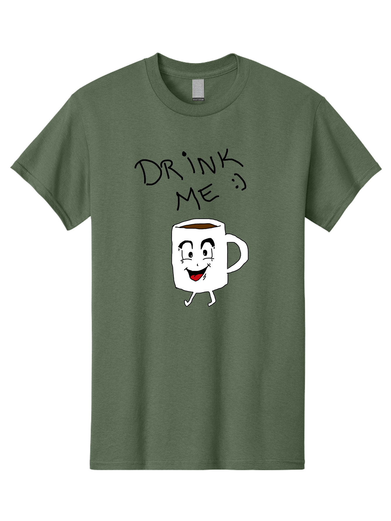 Drink-Me Men'S Graphic Tee, 100% Cotton, Comfortable Casual Summer Wear, Machine Washable, Cartoon Coffee Mug, Anthropomorphic Character, Smiling Face, Happy Expression, Coffee Drink, Beverage Illustration, Funny Character Design, - Aaa029