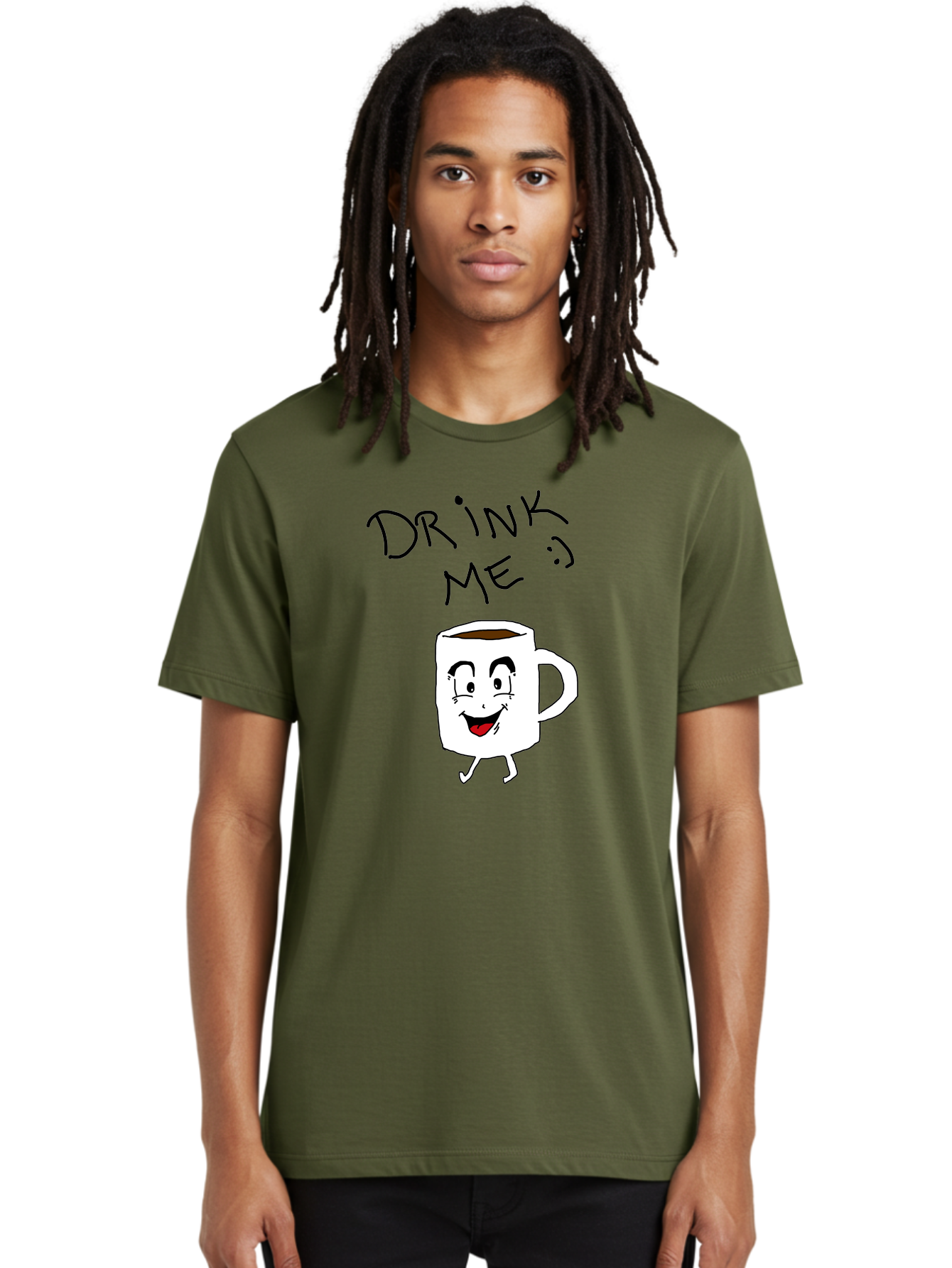 Drink-Me Men'S Graphic Tee, 100% Cotton, Comfortable Casual Summer Wear, Machine Washable, Cartoon Coffee Mug, Anthropomorphic Character, Smiling Face, Happy Expression, Coffee Drink, Beverage Illustration, Funny Character Design, - Aaa029