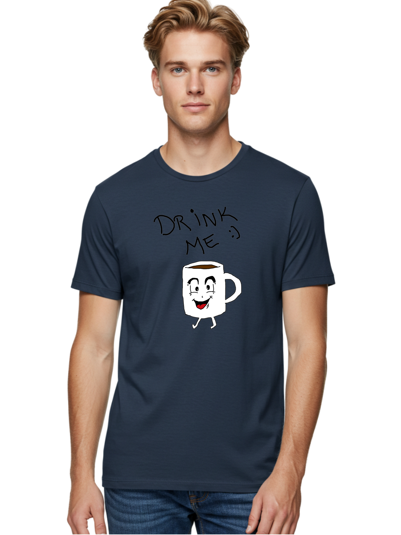 Drink-Me Men'S Graphic Tee, 100% Cotton, Comfortable Casual Summer Wear, Machine Washable, Cartoon Coffee Mug, Anthropomorphic Character, Smiling Face, Happy Expression, Coffee Drink, Beverage Illustration, Funny Character Design, - Aaa029