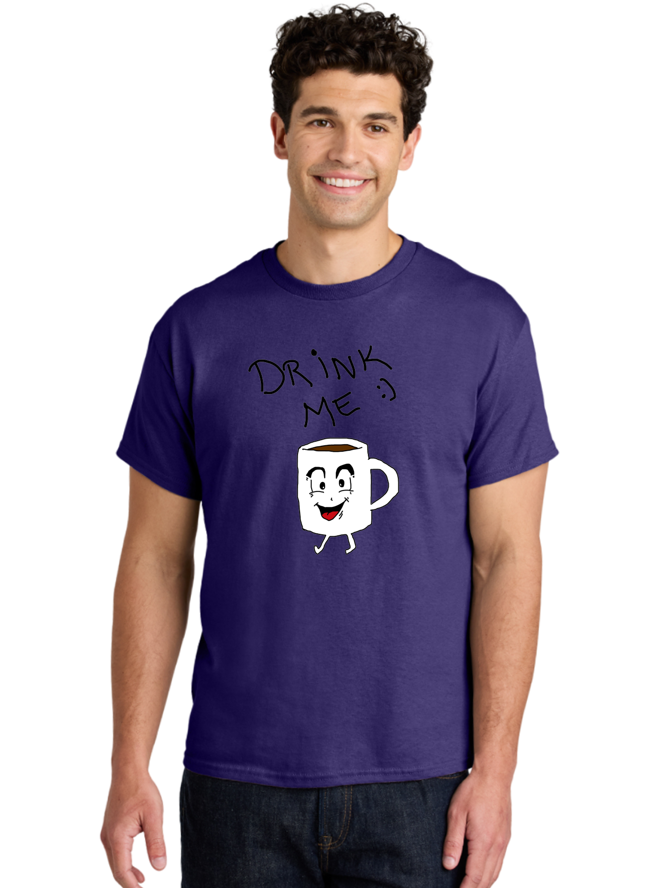 Drink-Me Men'S Graphic Tee, 100% Cotton, Comfortable Casual Summer Wear, Machine Washable, Cartoon Coffee Mug, Anthropomorphic Character, Smiling Face, Happy Expression, Coffee Drink, Beverage Illustration, Funny Character Design, - Aaa029