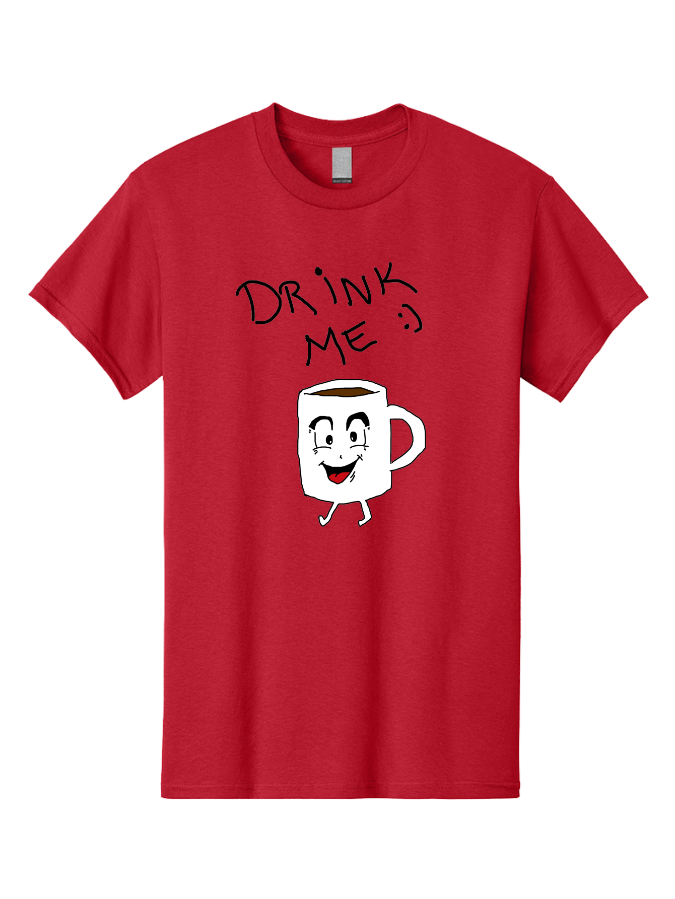 Drink-Me Men'S Graphic Tee, 100% Cotton, Comfortable Casual Summer Wear, Machine Washable, Cartoon Coffee Mug, Anthropomorphic Character, Smiling Face, Happy Expression, Coffee Drink, Beverage Illustration, Funny Character Design, - Aaa029