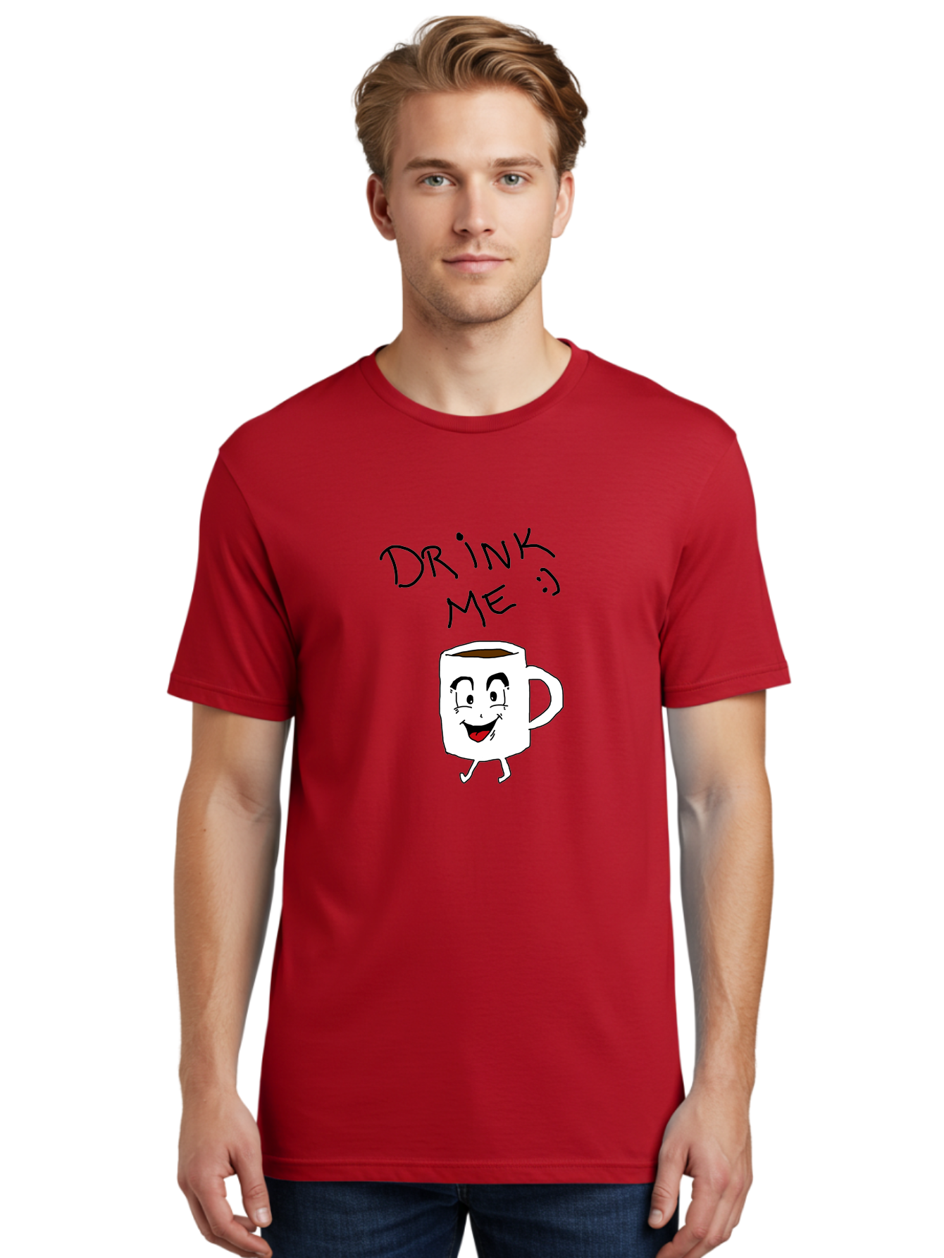 Drink-Me Men'S Graphic Tee, 100% Cotton, Comfortable Casual Summer Wear, Machine Washable, Cartoon Coffee Mug, Anthropomorphic Character, Smiling Face, Happy Expression, Coffee Drink, Beverage Illustration, Funny Character Design, - Aaa029