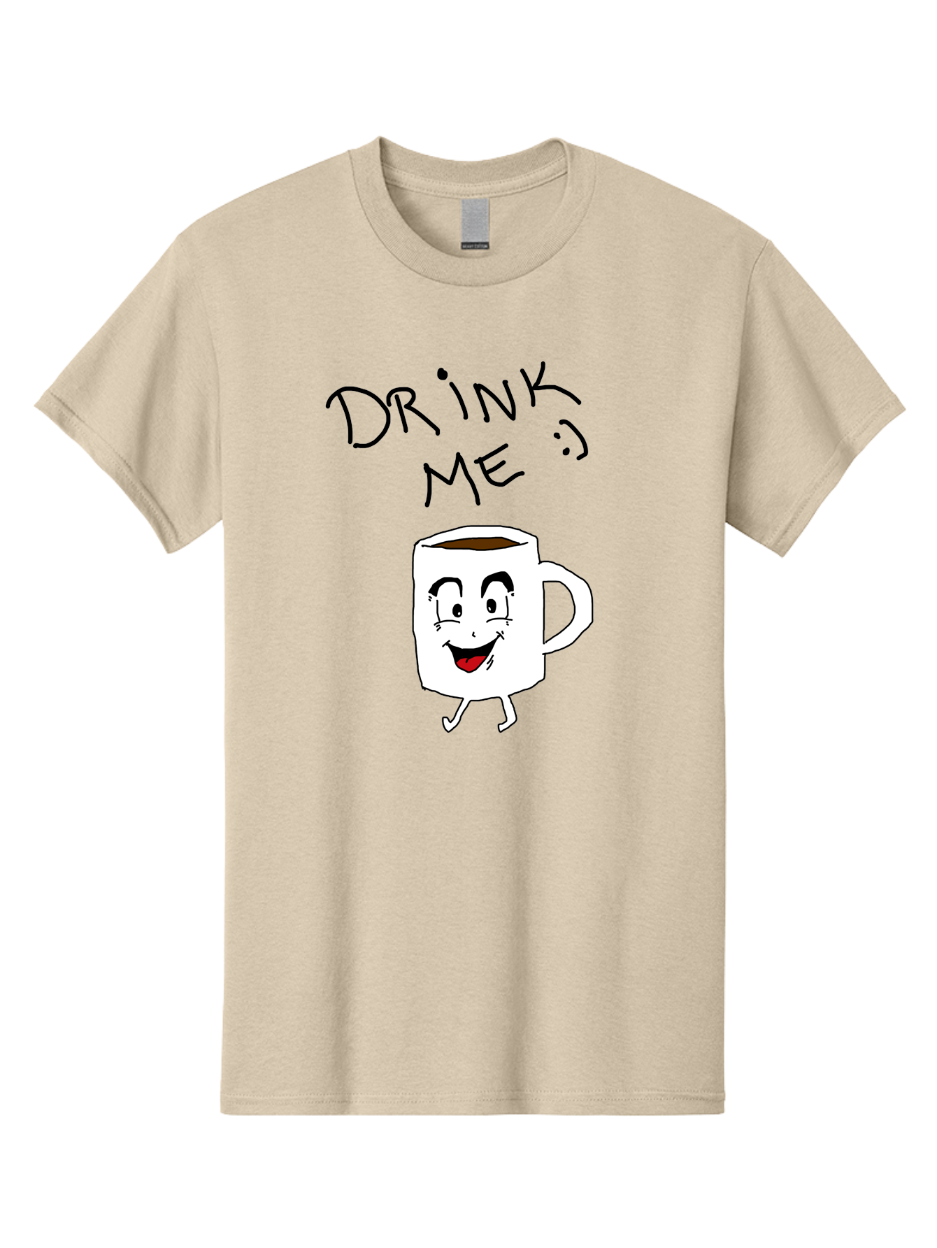 Drink-Me Men'S Graphic Tee, 100% Cotton, Comfortable Casual Summer Wear, Machine Washable, Cartoon Coffee Mug, Anthropomorphic Character, Smiling Face, Happy Expression, Coffee Drink, Beverage Illustration, Funny Character Design, - Aaa029