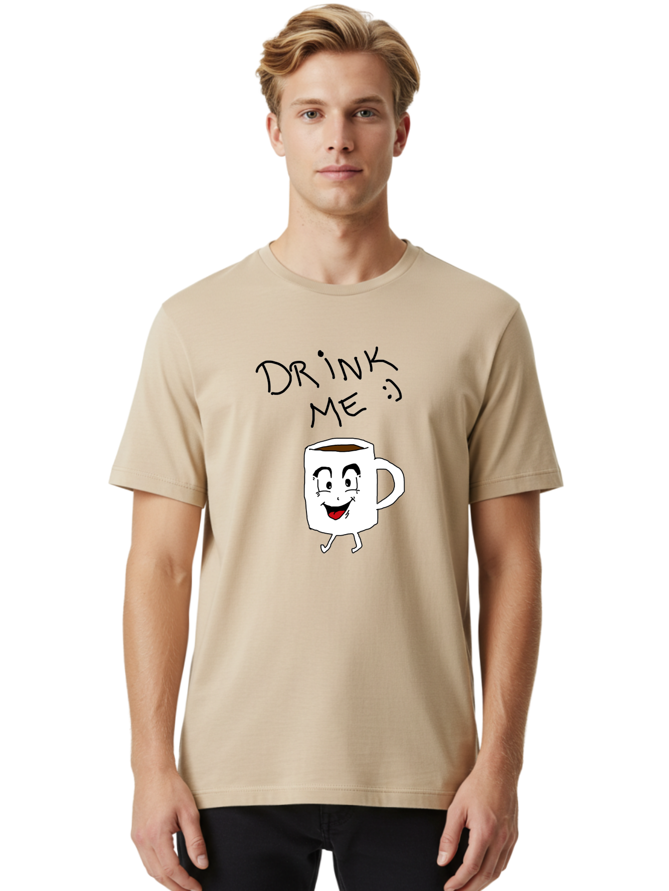 Drink-Me Men'S Graphic Tee, 100% Cotton, Comfortable Casual Summer Wear, Machine Washable, Cartoon Coffee Mug, Anthropomorphic Character, Smiling Face, Happy Expression, Coffee Drink, Beverage Illustration, Funny Character Design, - Aaa029