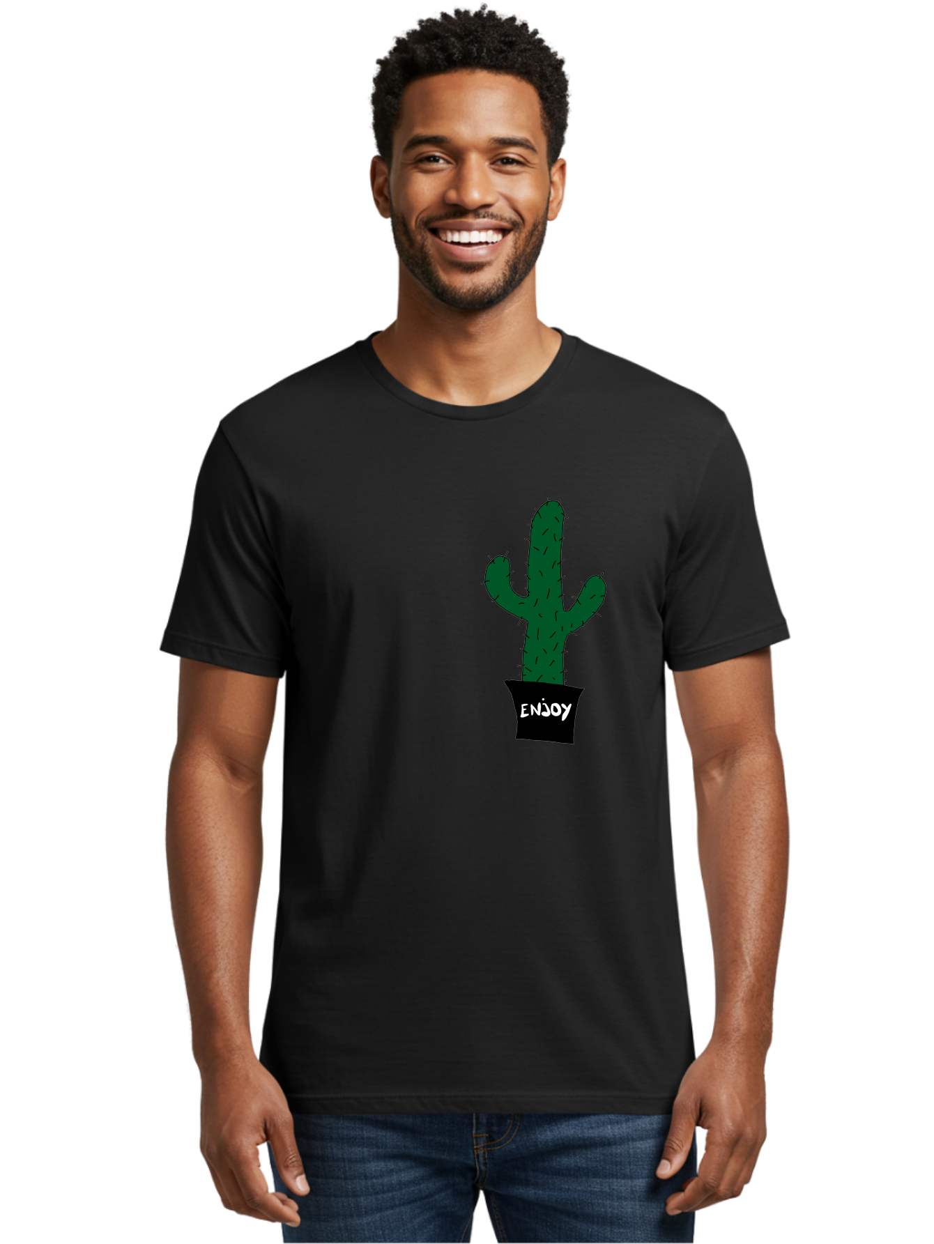 Enjoy Men'S Graphic Tee, 100% Cotton, Comfortable Casual Summer Wear, Machine Washable, Cactus In A Pot, Simple Design, Hand Drawn Illustration, Minimalistic Art, Cactus Plant, Enjoy Message, Modern Decor, Indoor Plants, Quirky Art, - Aaa033