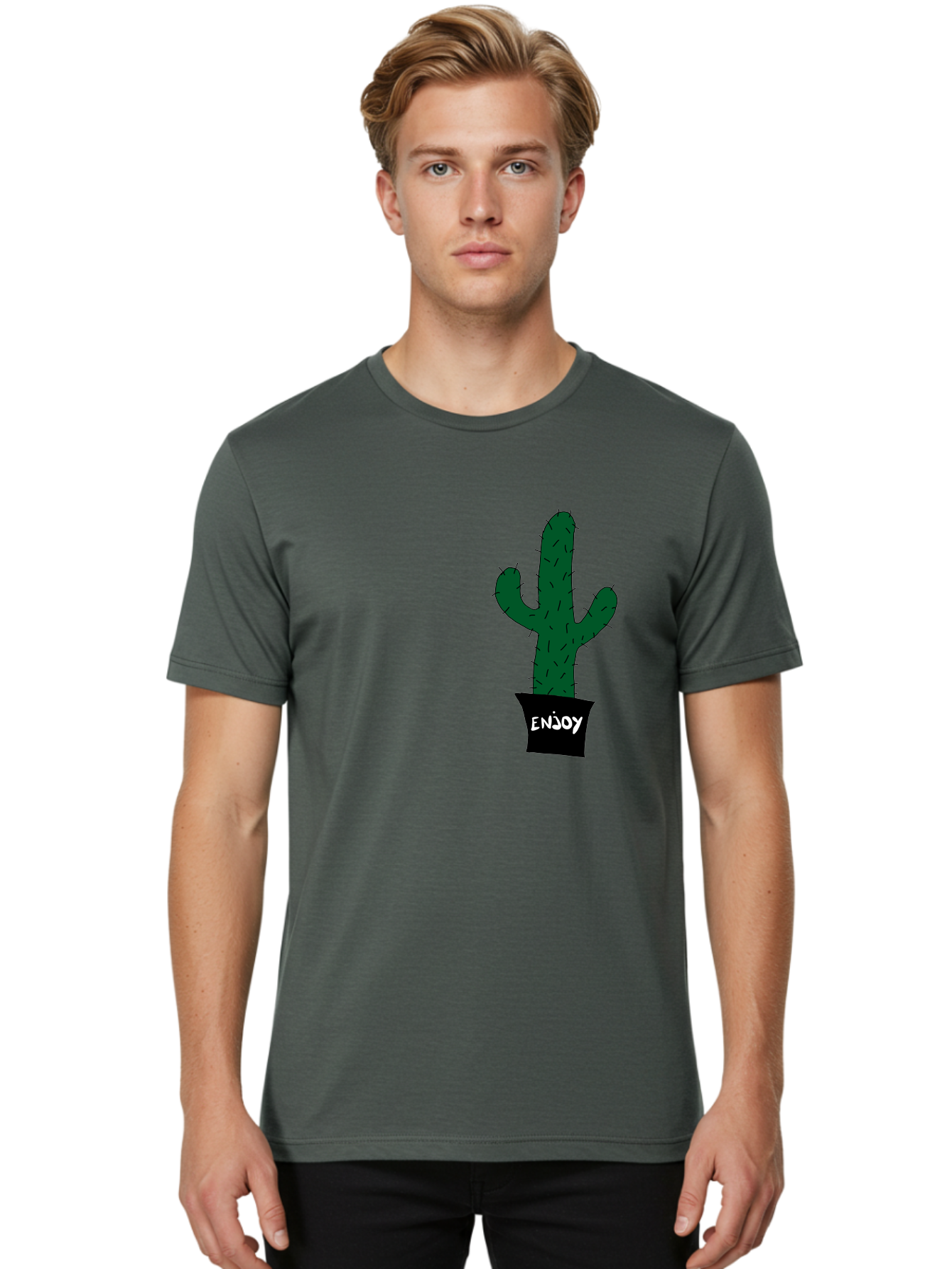 Enjoy Men'S Graphic Tee, 100% Cotton, Comfortable Casual Summer Wear, Machine Washable, Cactus In A Pot, Simple Design, Hand Drawn Illustration, Minimalistic Art, Cactus Plant, Enjoy Message, Modern Decor, Indoor Plants, Quirky Art, - Aaa033