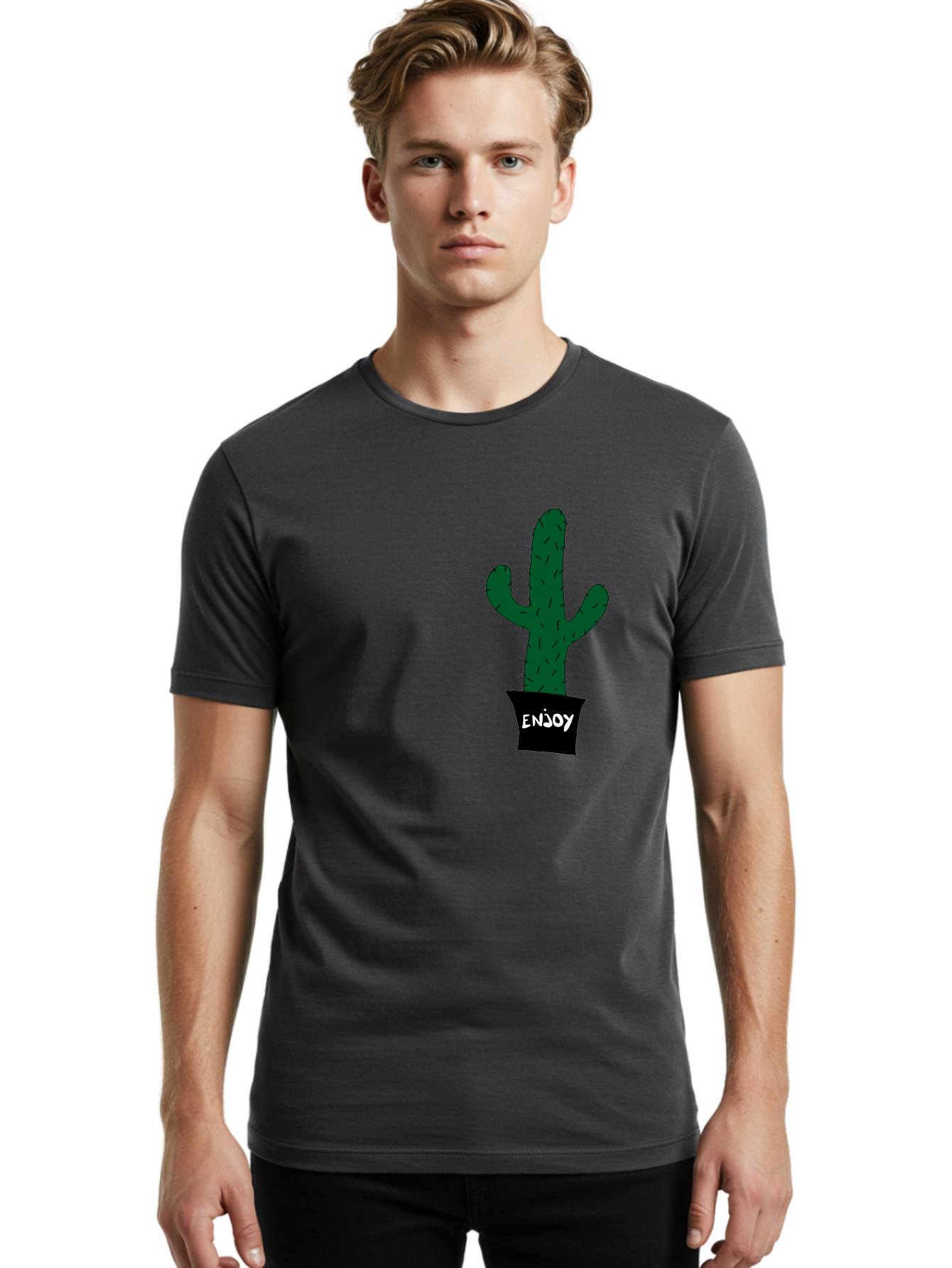 Enjoy Men'S Graphic Tee, 100% Cotton, Comfortable Casual Summer Wear, Machine Washable, Cactus In A Pot, Simple Design, Hand Drawn Illustration, Minimalistic Art, Cactus Plant, Enjoy Message, Modern Decor, Indoor Plants, Quirky Art, - Aaa033